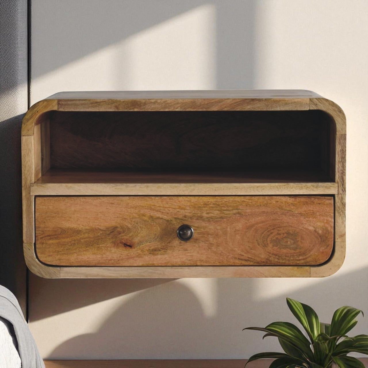 Floating Nightstand with Shelf, Solid Mango Wood, Natural Finish