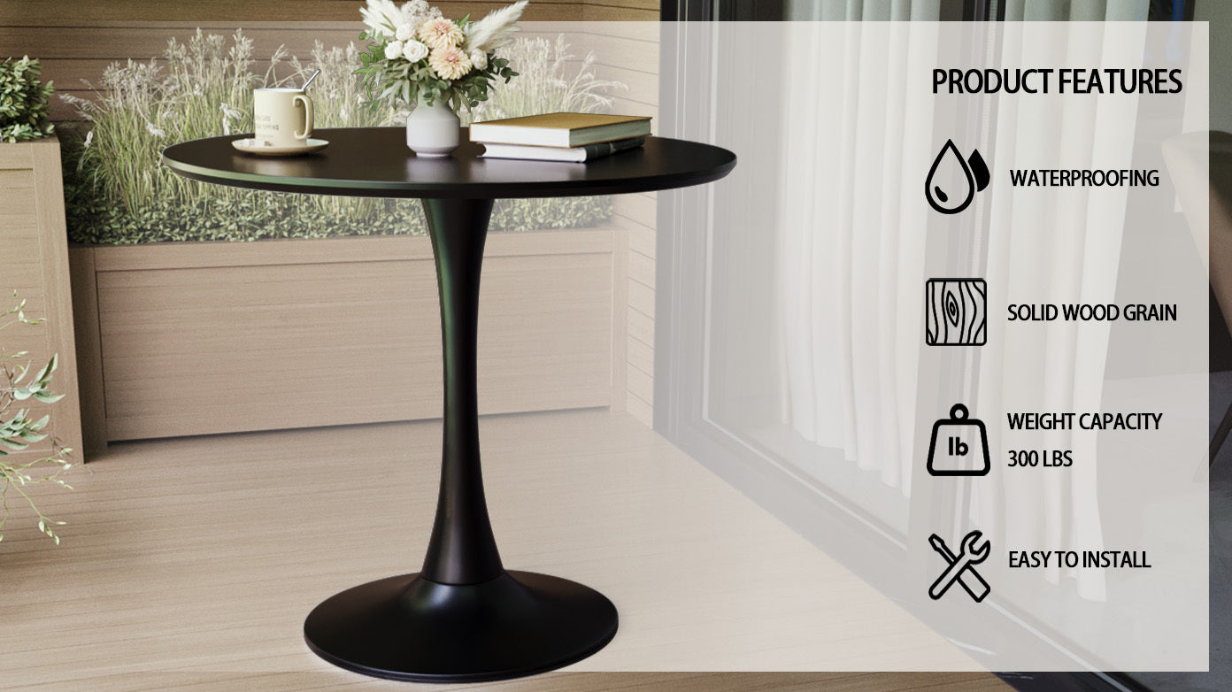 Feature graphic for black tulip dining table showing waterproof, wood grain, 300 lb, and easy install icons