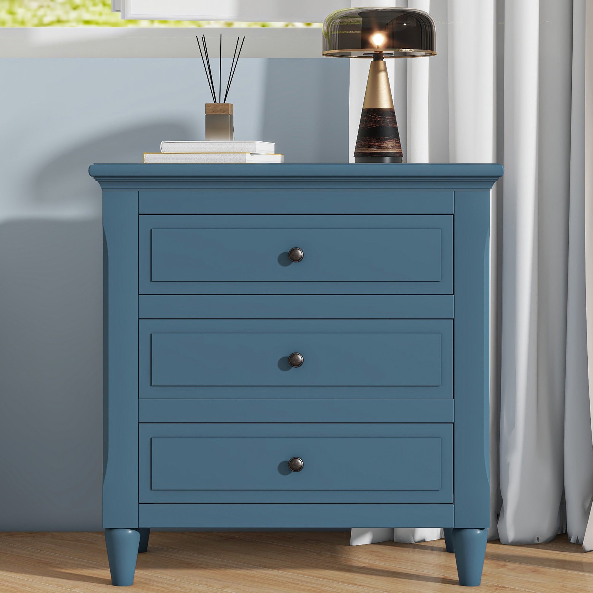 3 Drawer Nightstand with Tapered Legs, 28in Tall, Blue