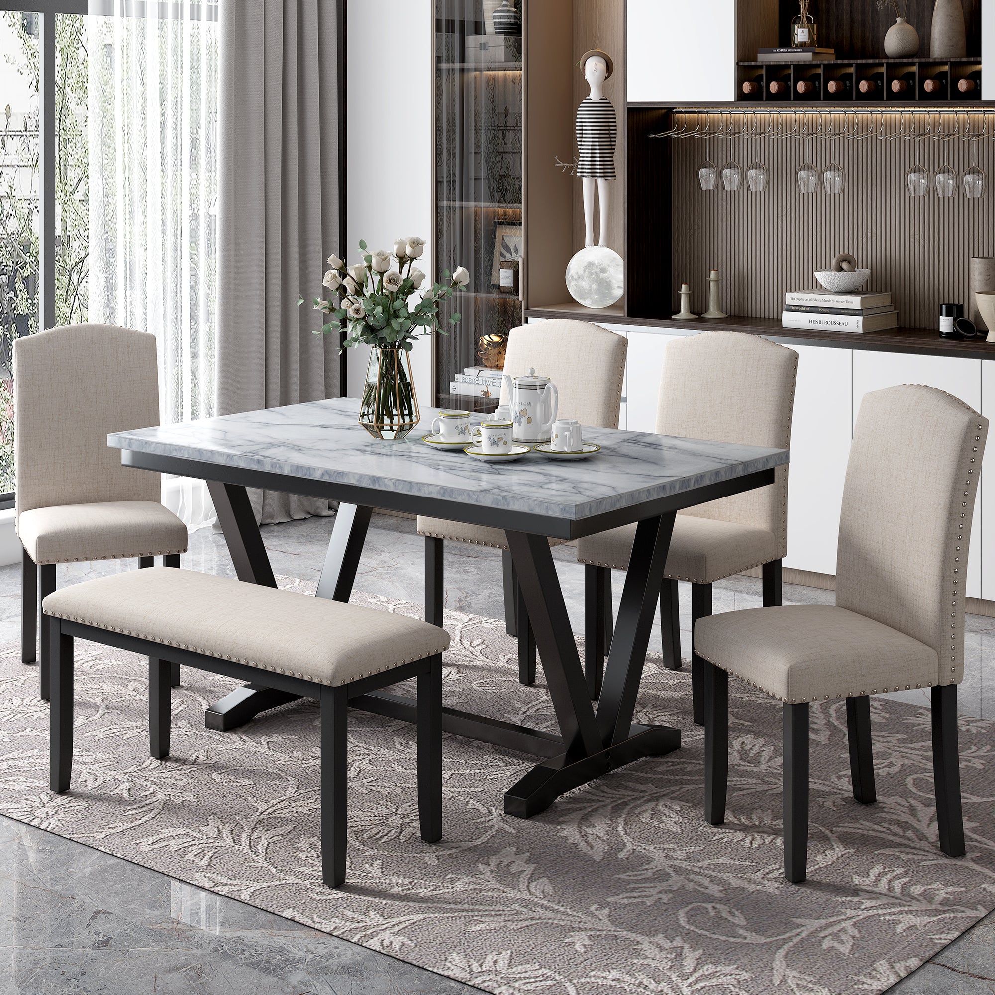 6-Piece Dining Set, Faux-Marble Table, 4 Chairs and Bench