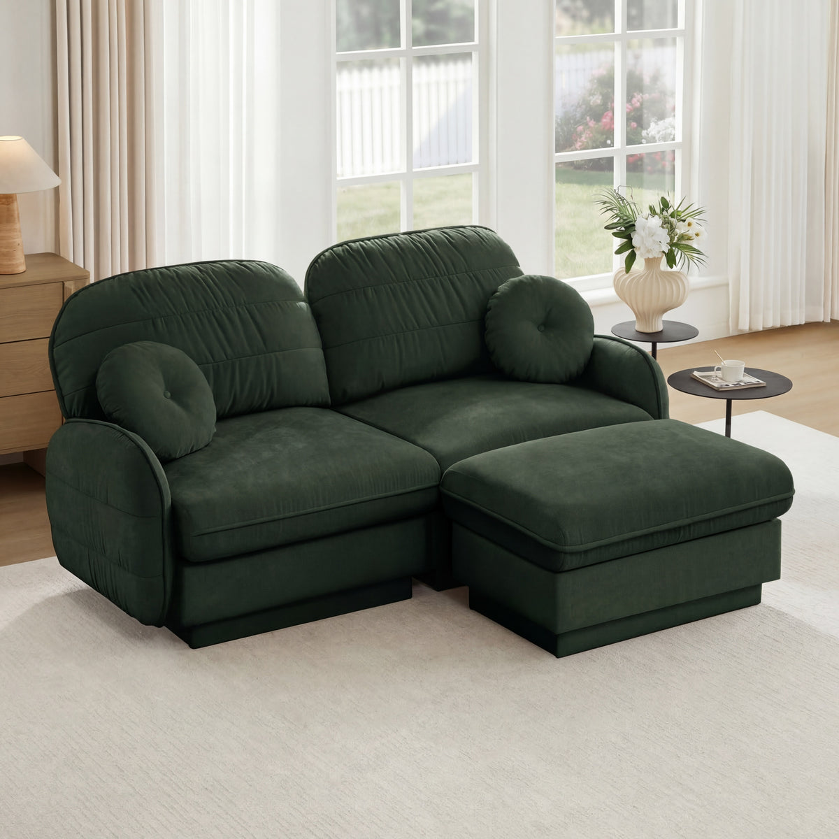 Green Chenille Sectional Couch with Ottoman, Round Pillows