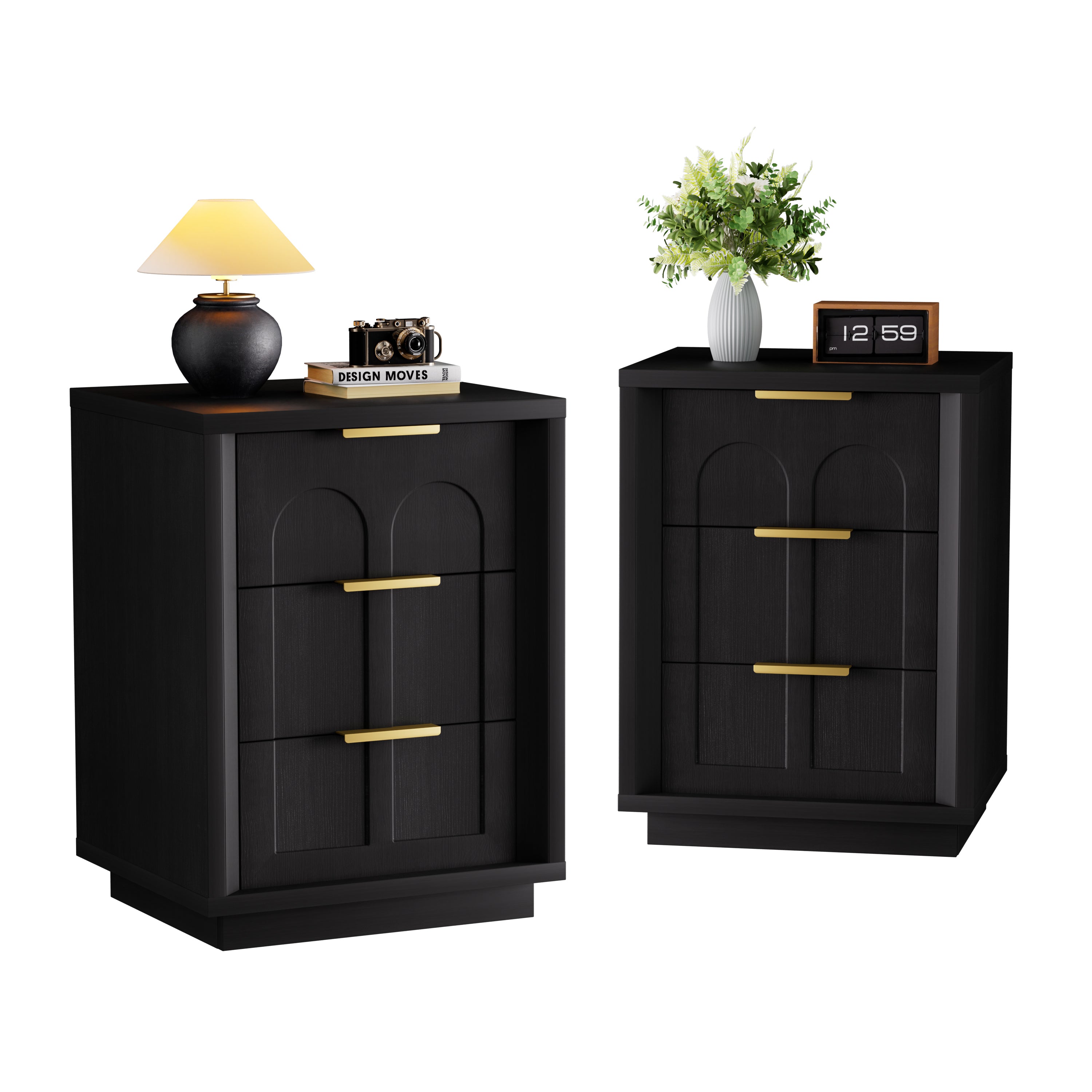 Arched Black Nightstand with Storage Drawers
