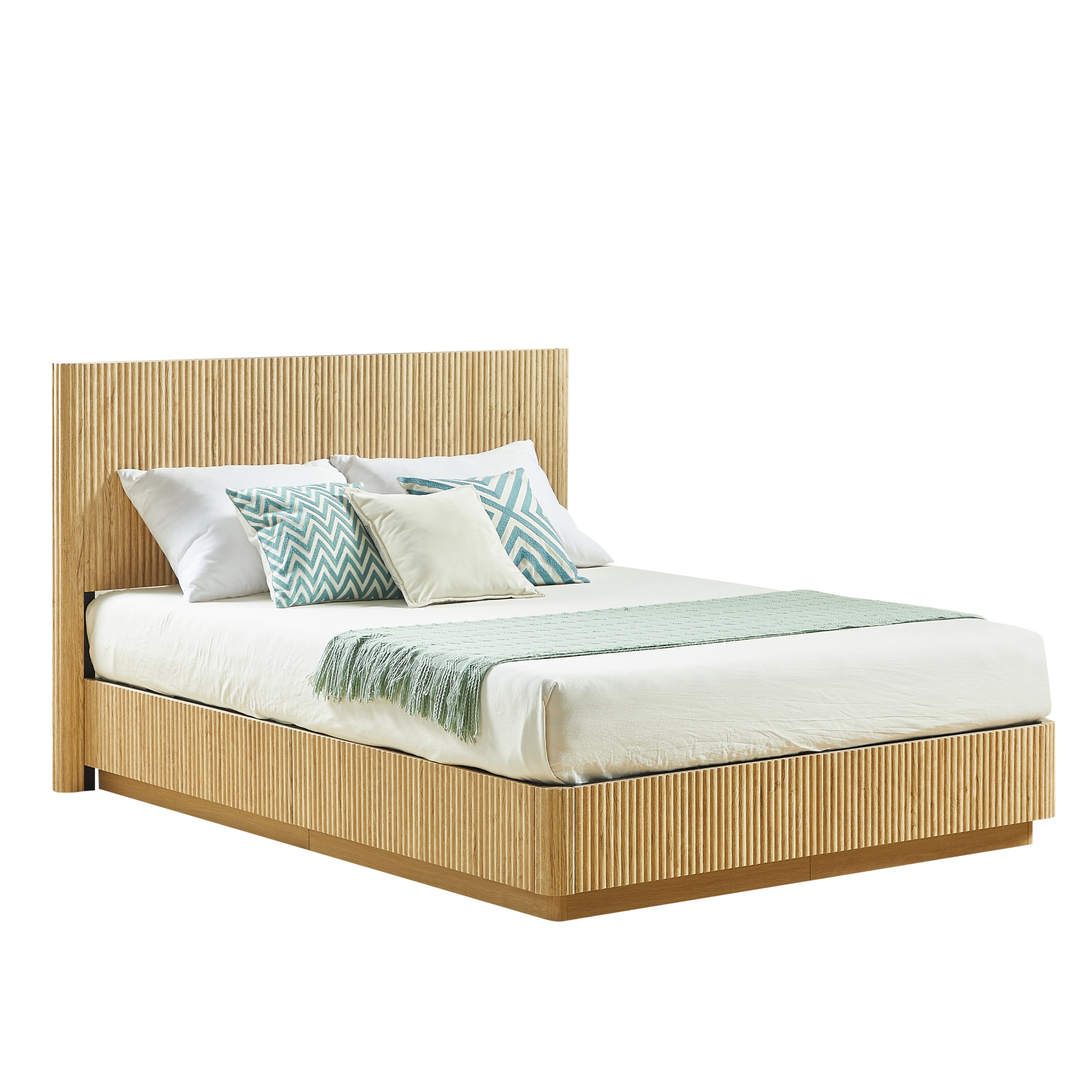 Studio angled view of light oak fluted queen platform bed styled with pillows and green runner #Color_Oak