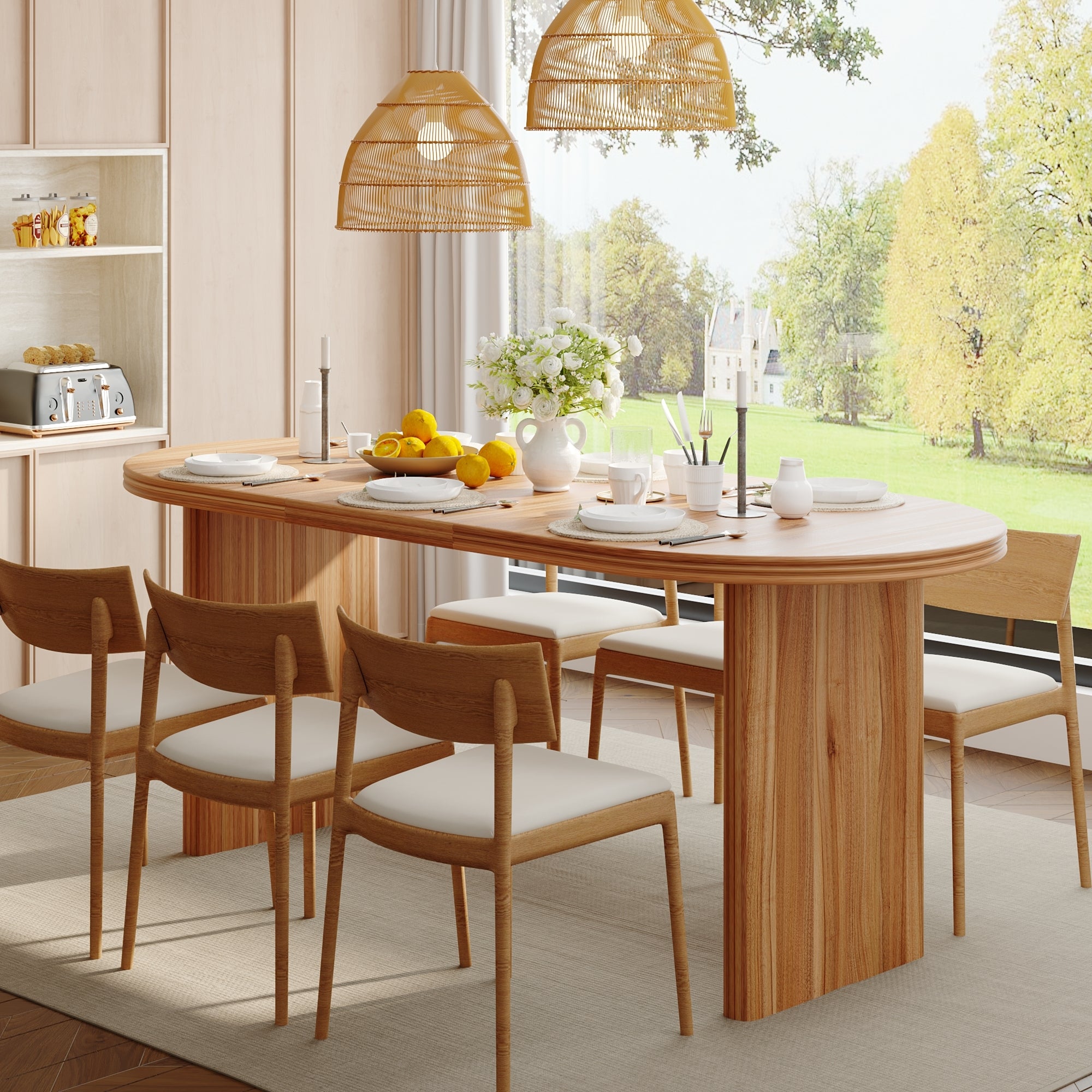 Three-quarter view of the walnut-tone oval table with wood chairs in a bright dining nook