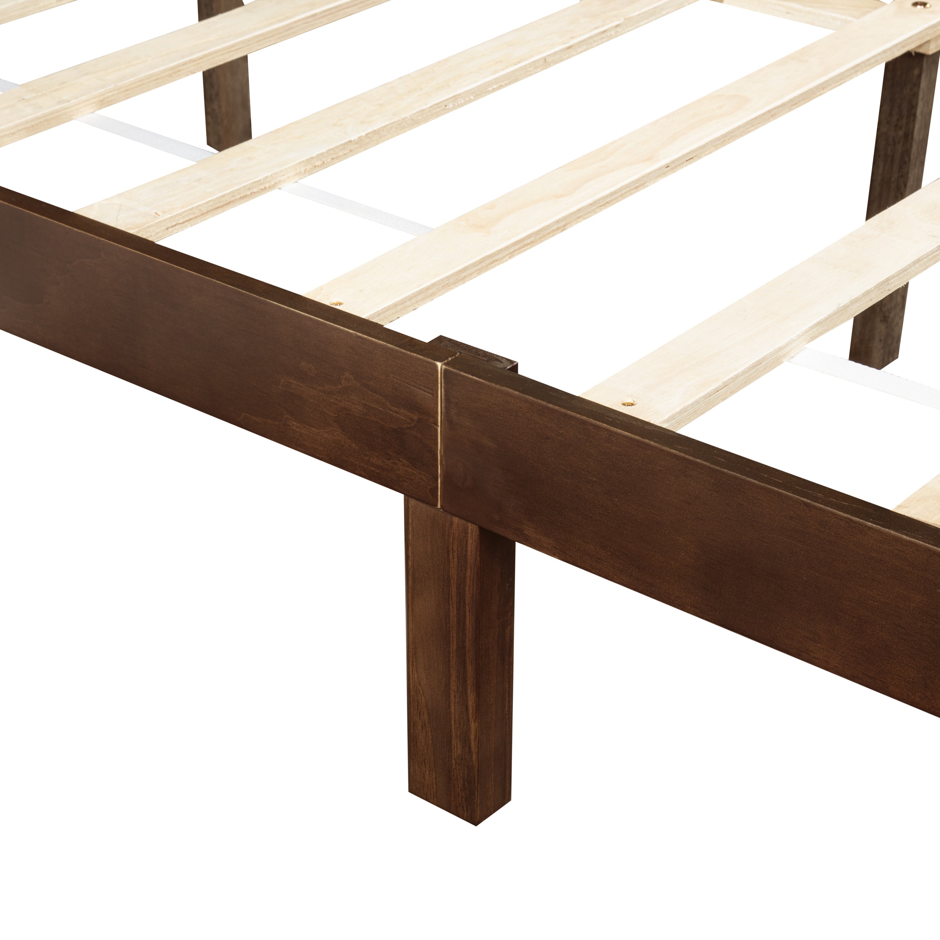 Closeup of rich brown bed frame corner with support leg and light wood slats #Color_Rich Brown