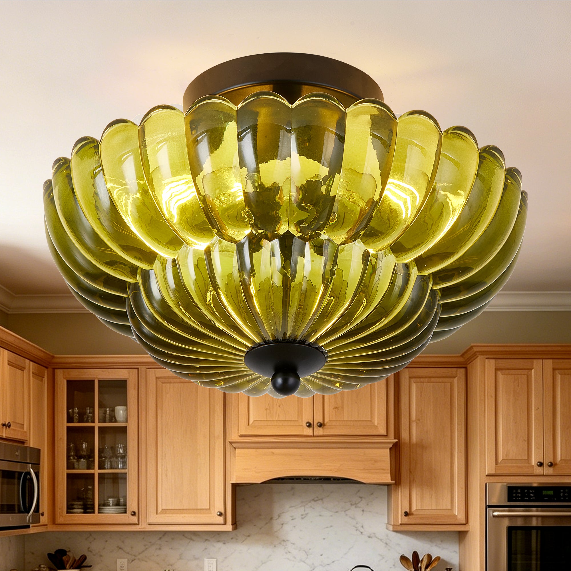 Semi-Flush Mount Light, 3-Light Iron Glass Shade, Green