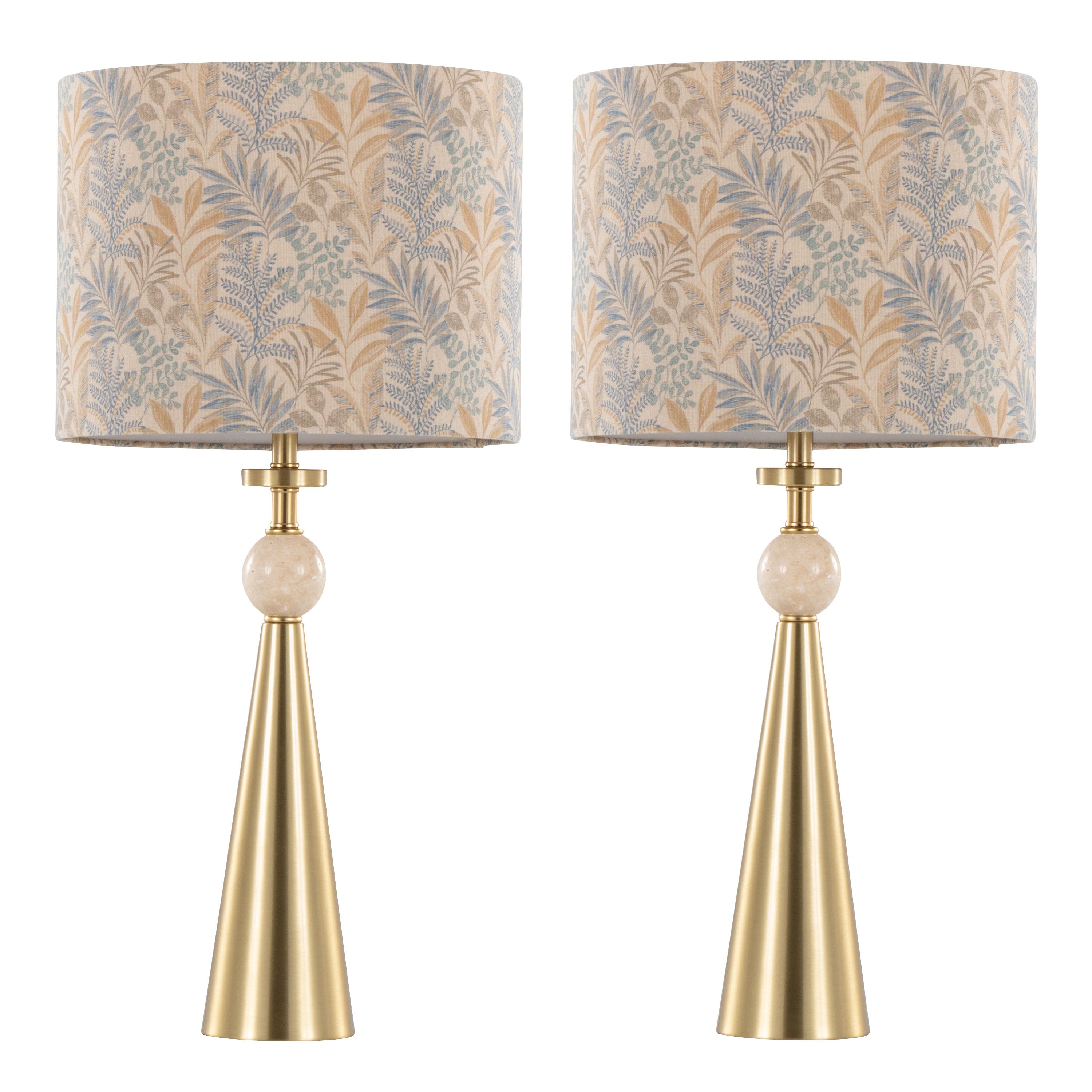 Table Lamp, Travertine and Gold Metal Base, Tan Fabric Shade