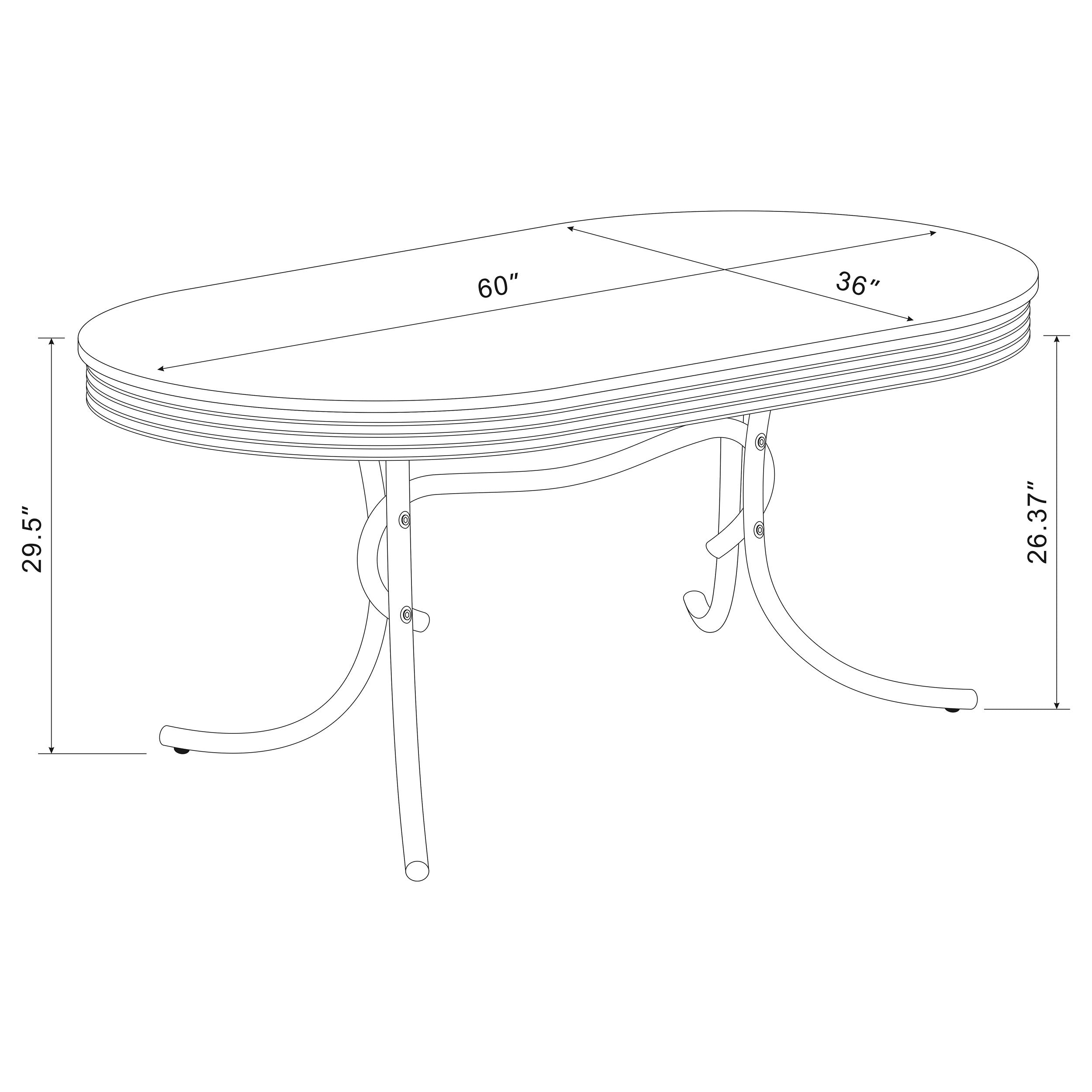 Dimension diagram of the oval table, 60 by 36 inch top and 29.5 inch height