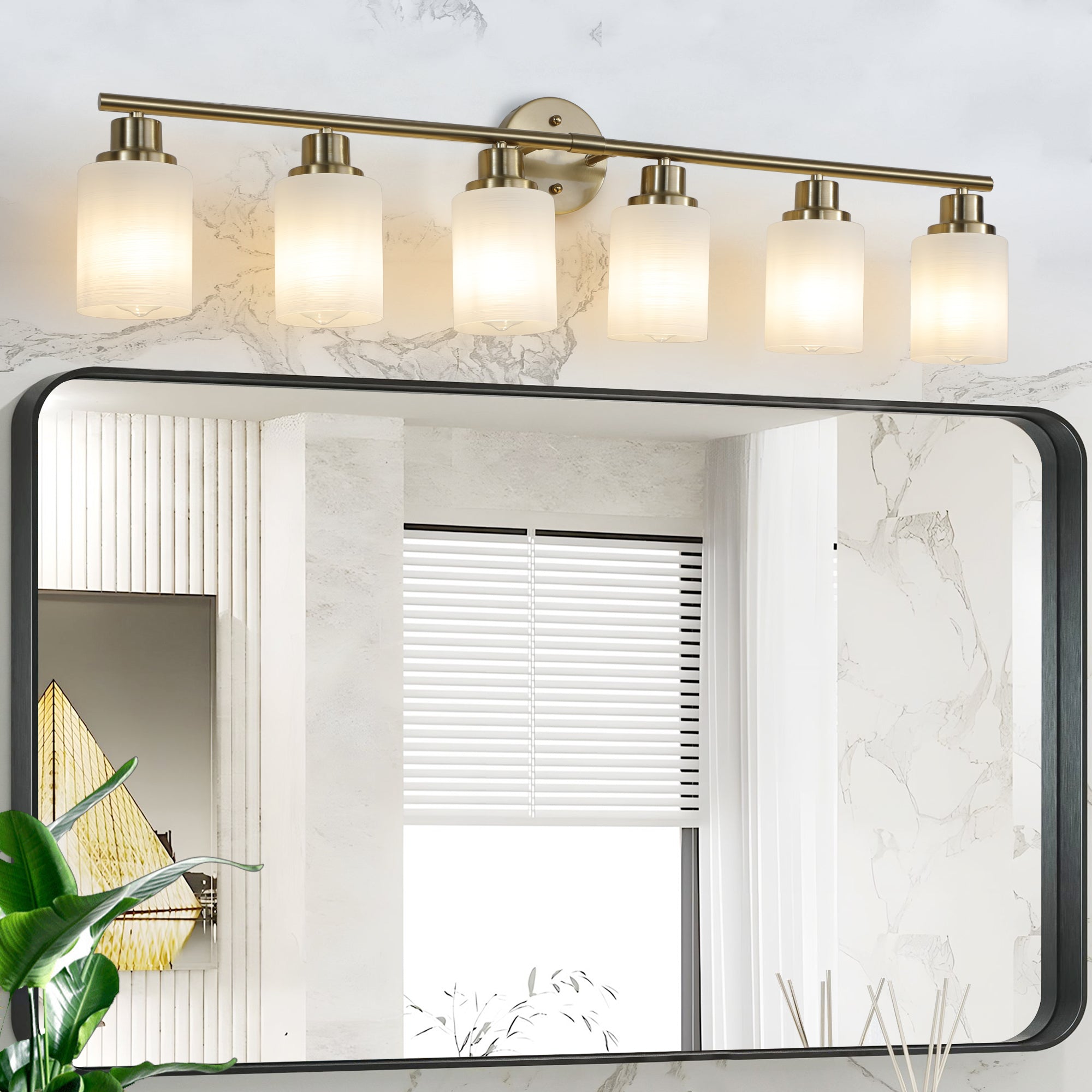Vanity Wall Sconce, 6-Light Glass Shade, Golden Finish