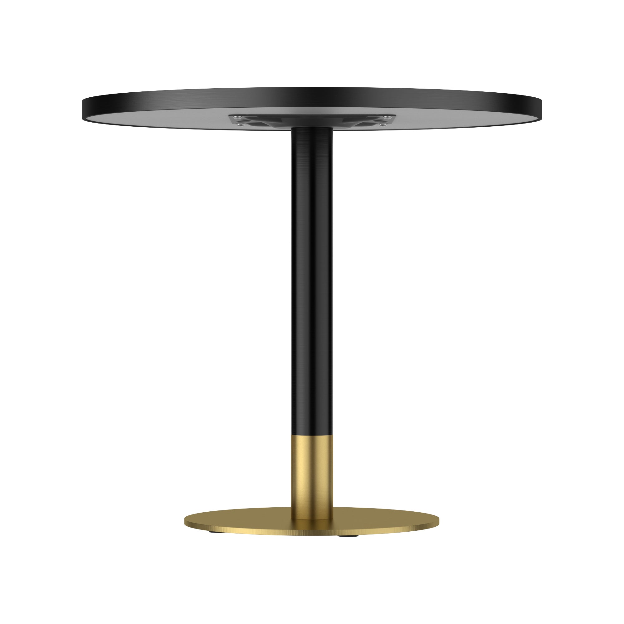 Front studio elevation of the round dining table showing black column and gold pedestal base underside