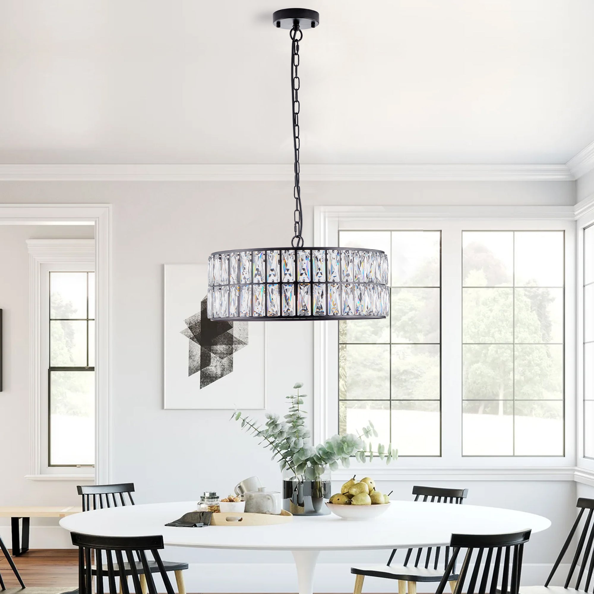 Chandelier, 6-Light Crystal Drum, Black