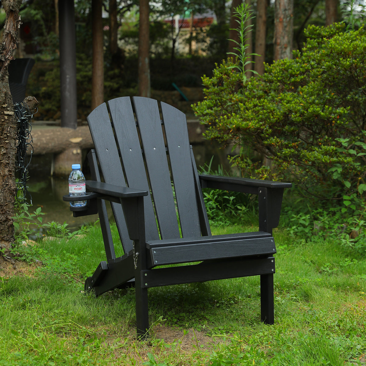 Black HDPE Folding Adirondack Chair, with Cup Holder, 34.7 in Tall
