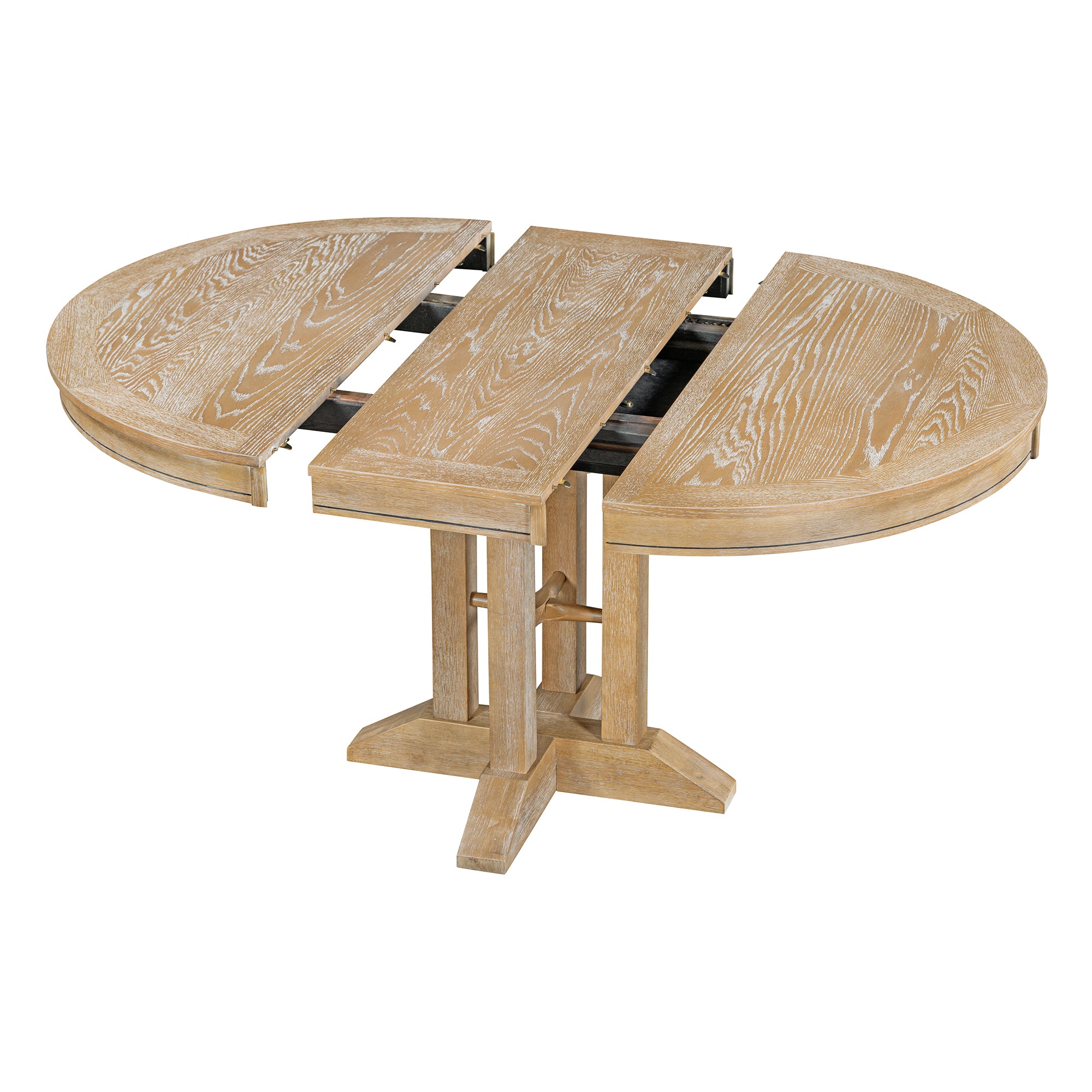 Natural oak table with the sections pulled apart, showing the open extension slide rails