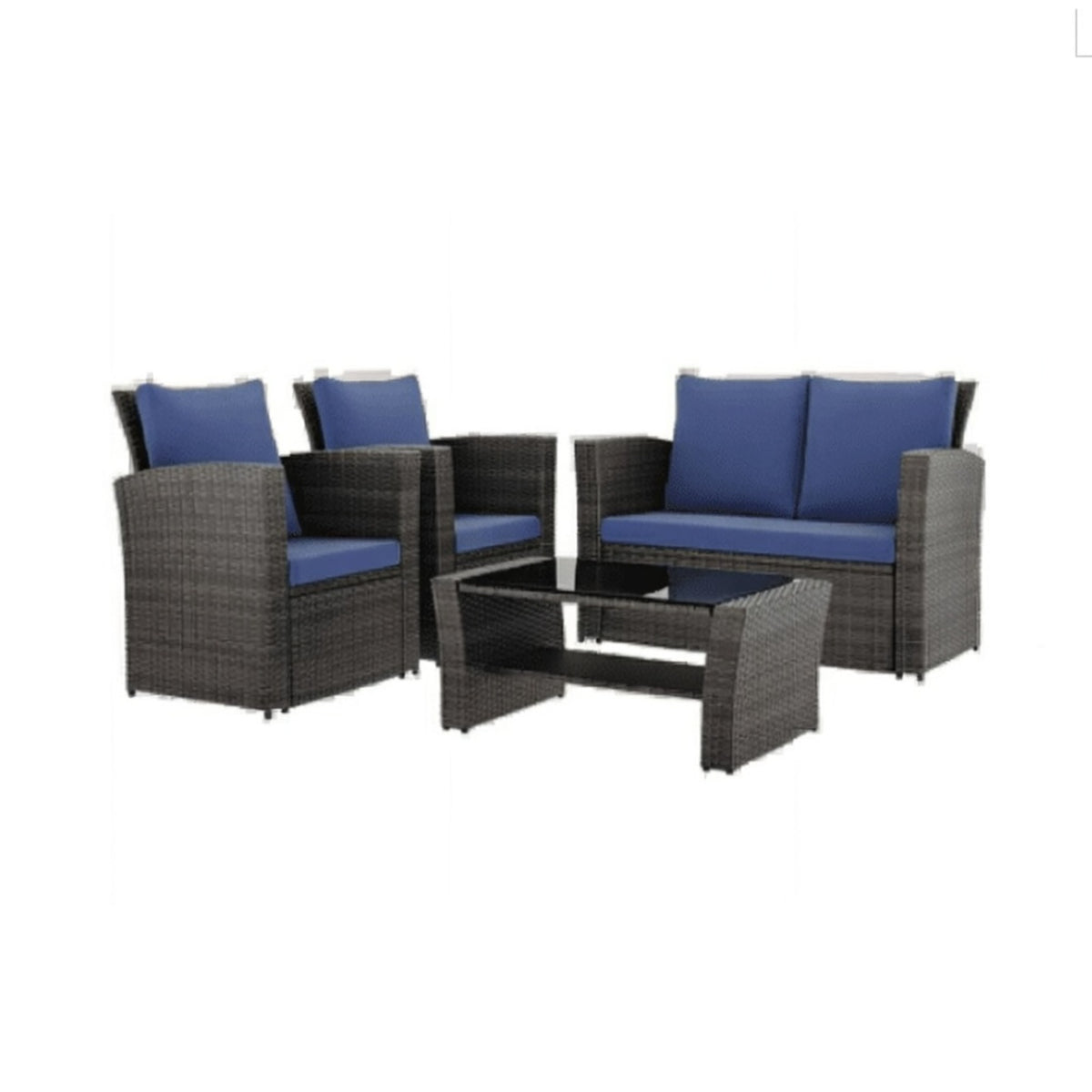 Brown Wicker 4-Piece Patio Conversation Set, Blue Cushion