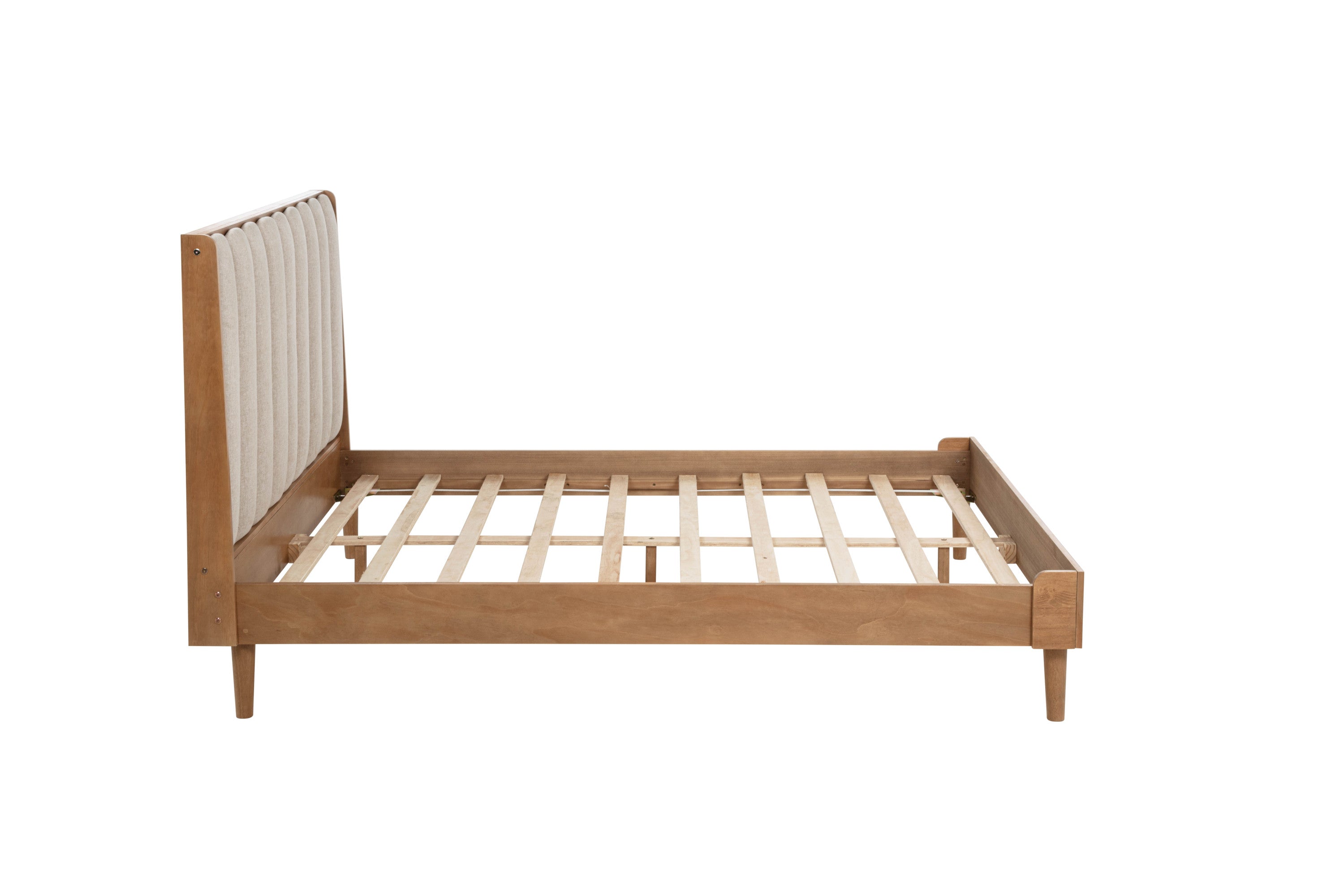 Side profile of the bare bed showing wood slats, a central support beam and the piano-key headboard