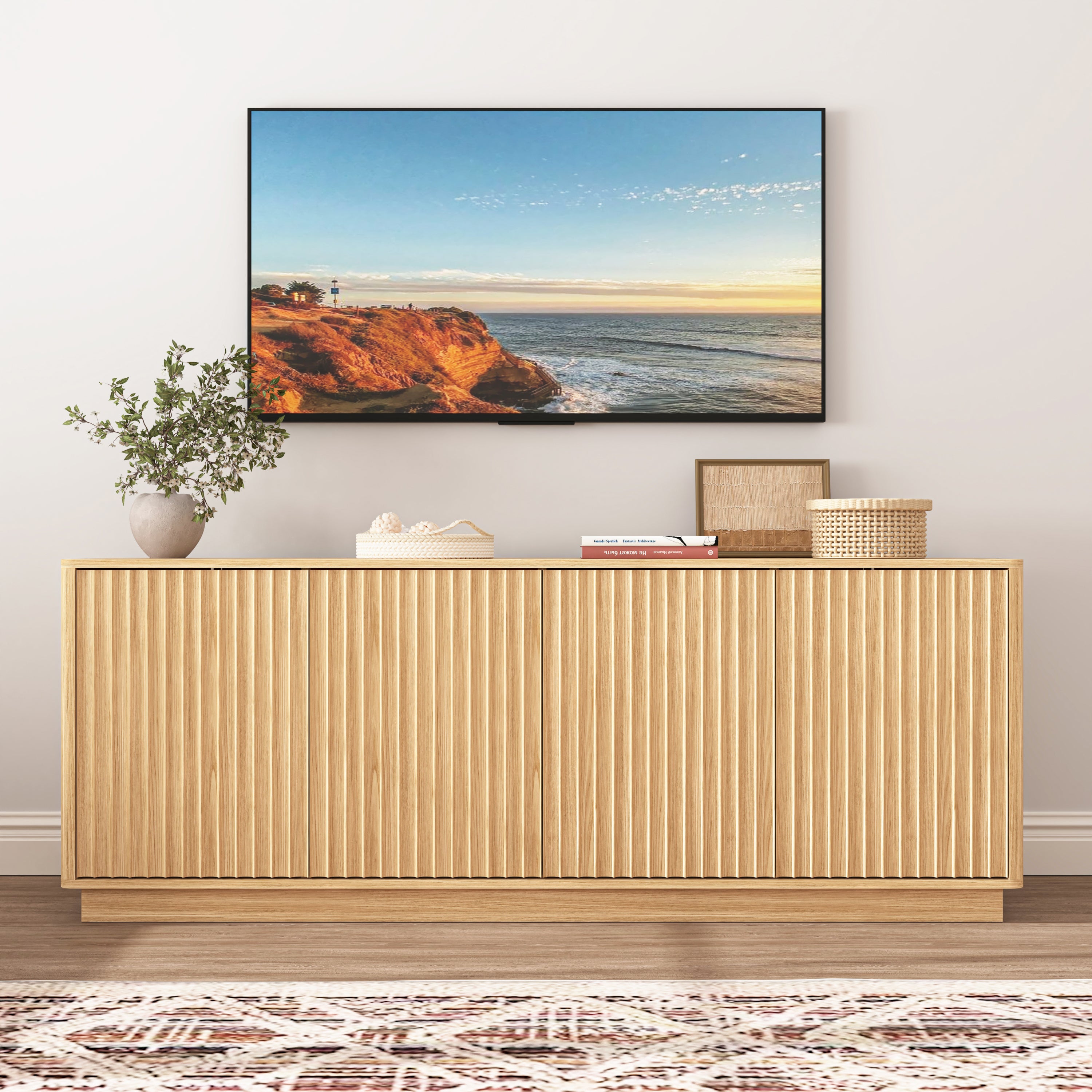 Fluted Natural Sideboard Buffet, 63'' Low 4-Door TV Console