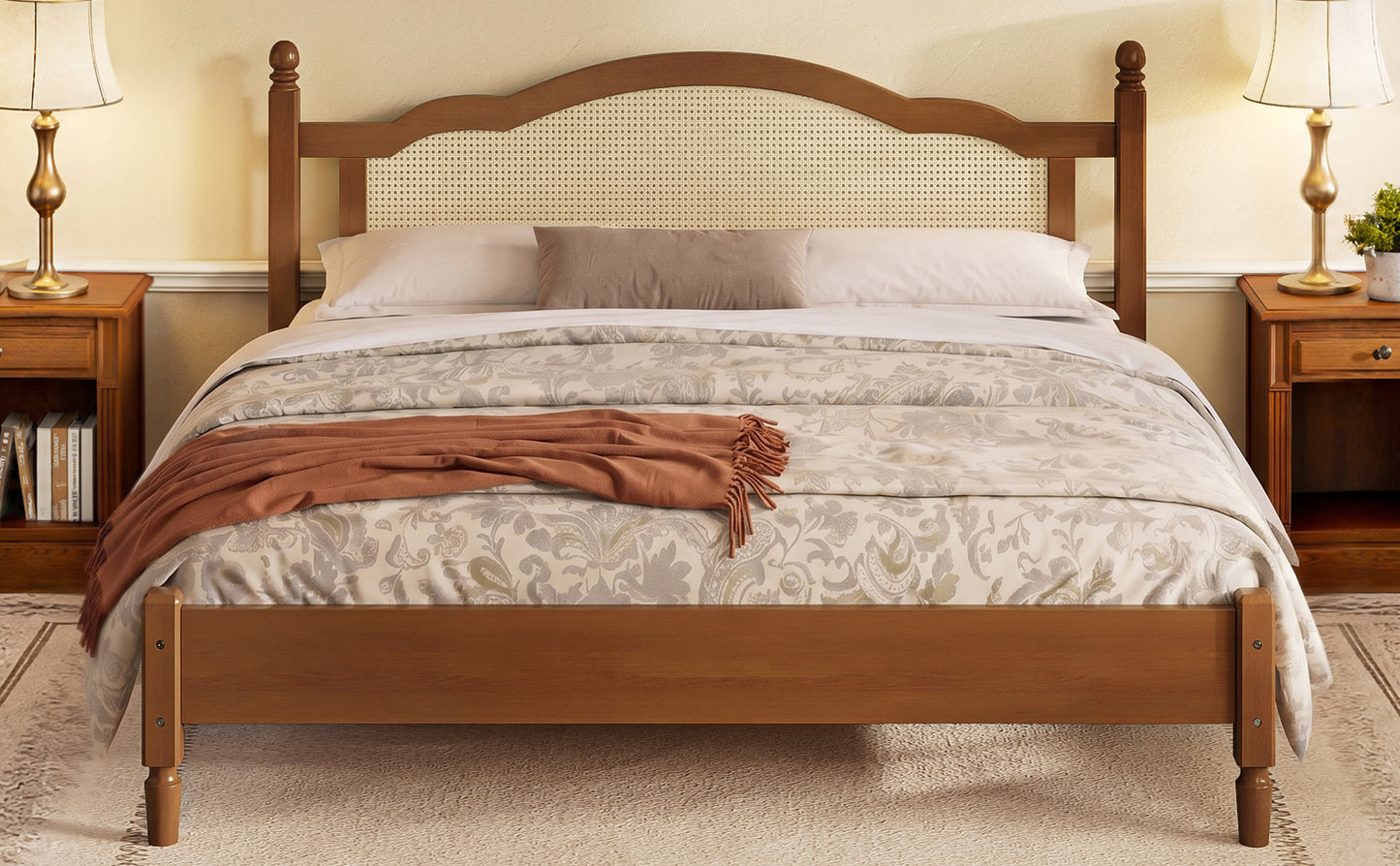 Product dimension diagram of walnut king bed frame with cane headboard