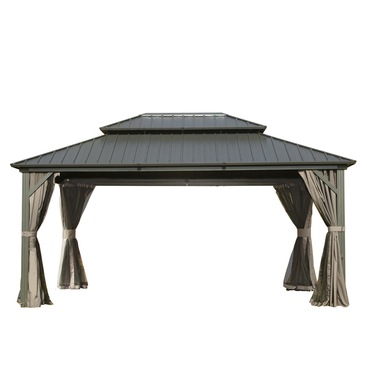 12x14 ft Gray Aluminum Double Roof Hardtop Gazebo with Netting and Curtains
