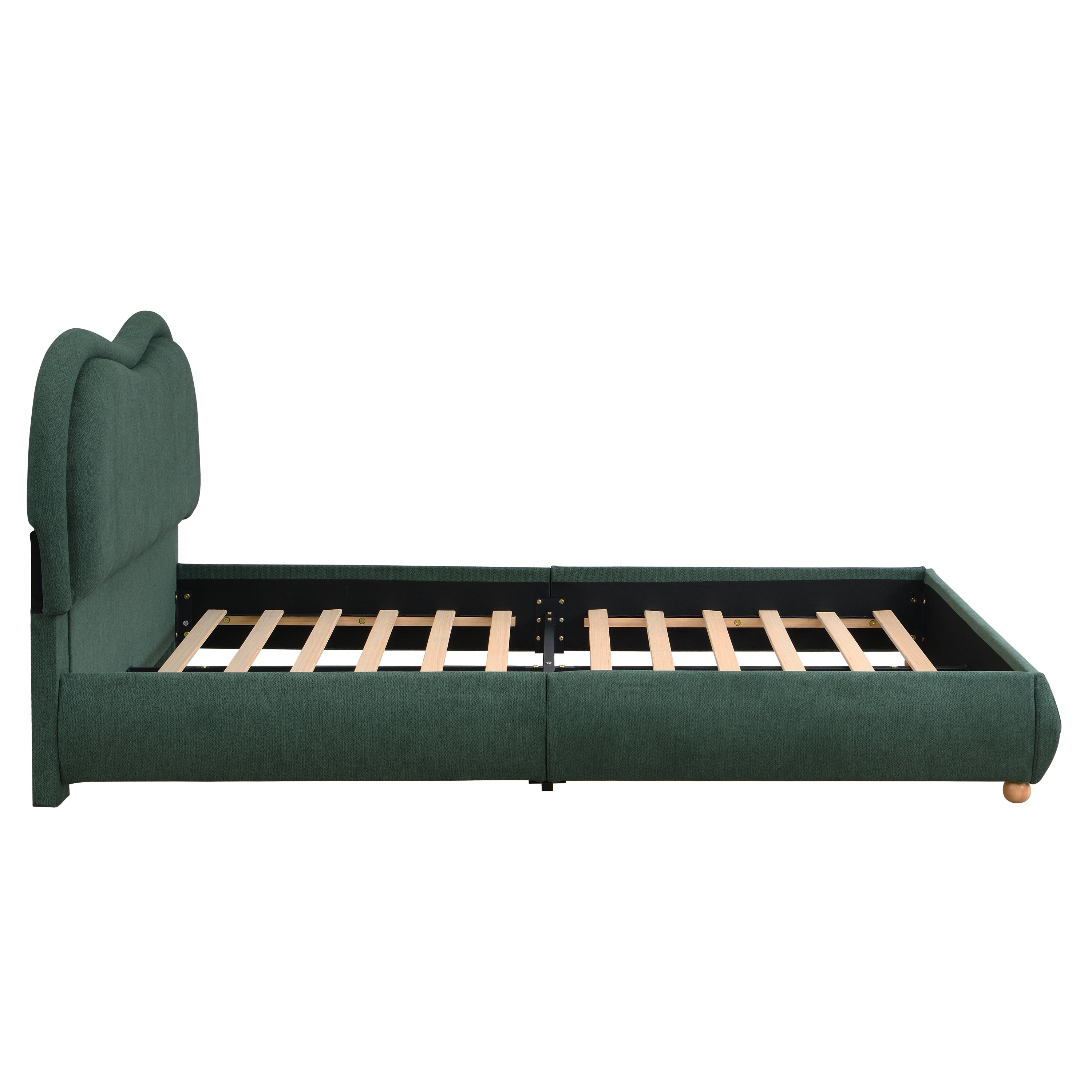 Side profile of the olive green chenille bed frame with round wood feet and padded rails #Color_Olive Green