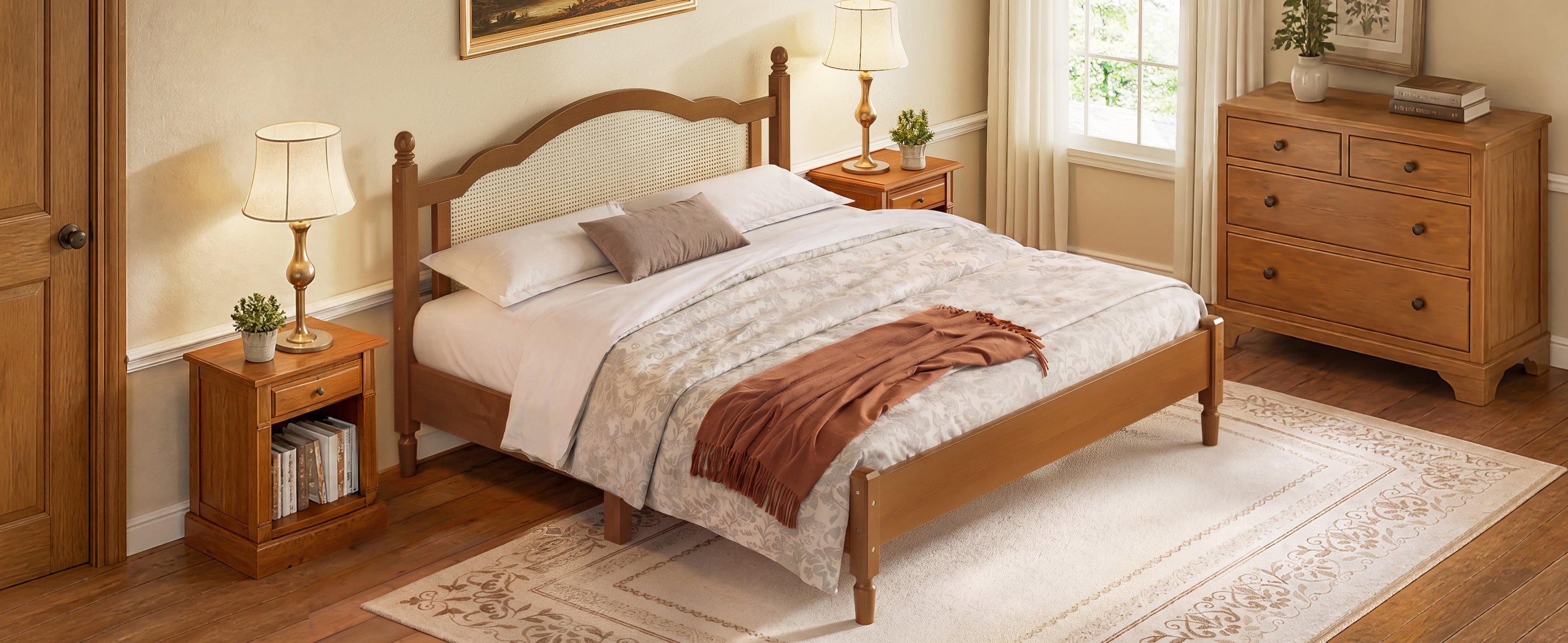 Walnut king bed frame promotional banner highlighting wood construction