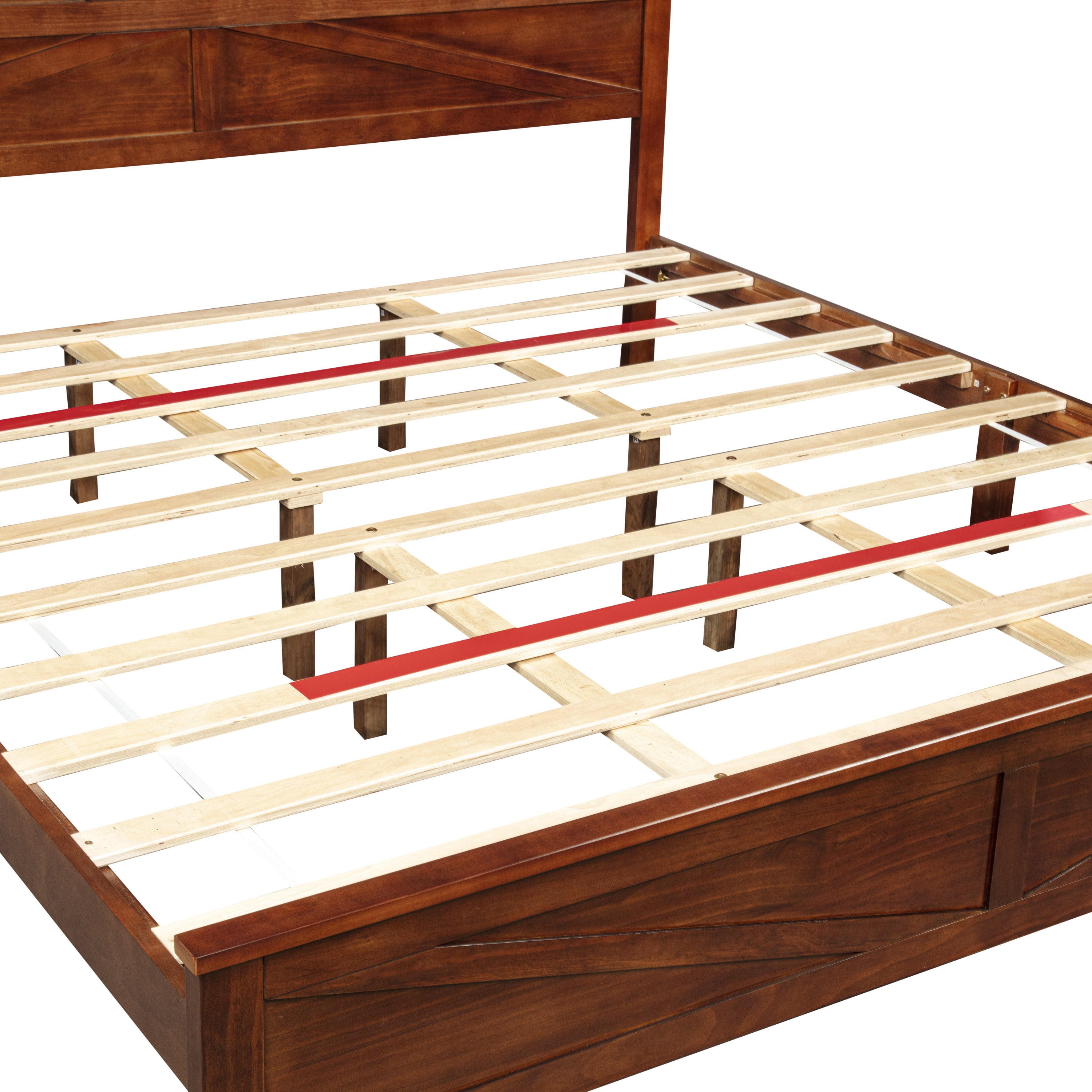 Close-up of bed rail leg joint, farmhouse walnut king bed frame