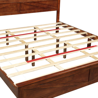 Close-up of bed rail leg joint, farmhouse walnut king bed frame
