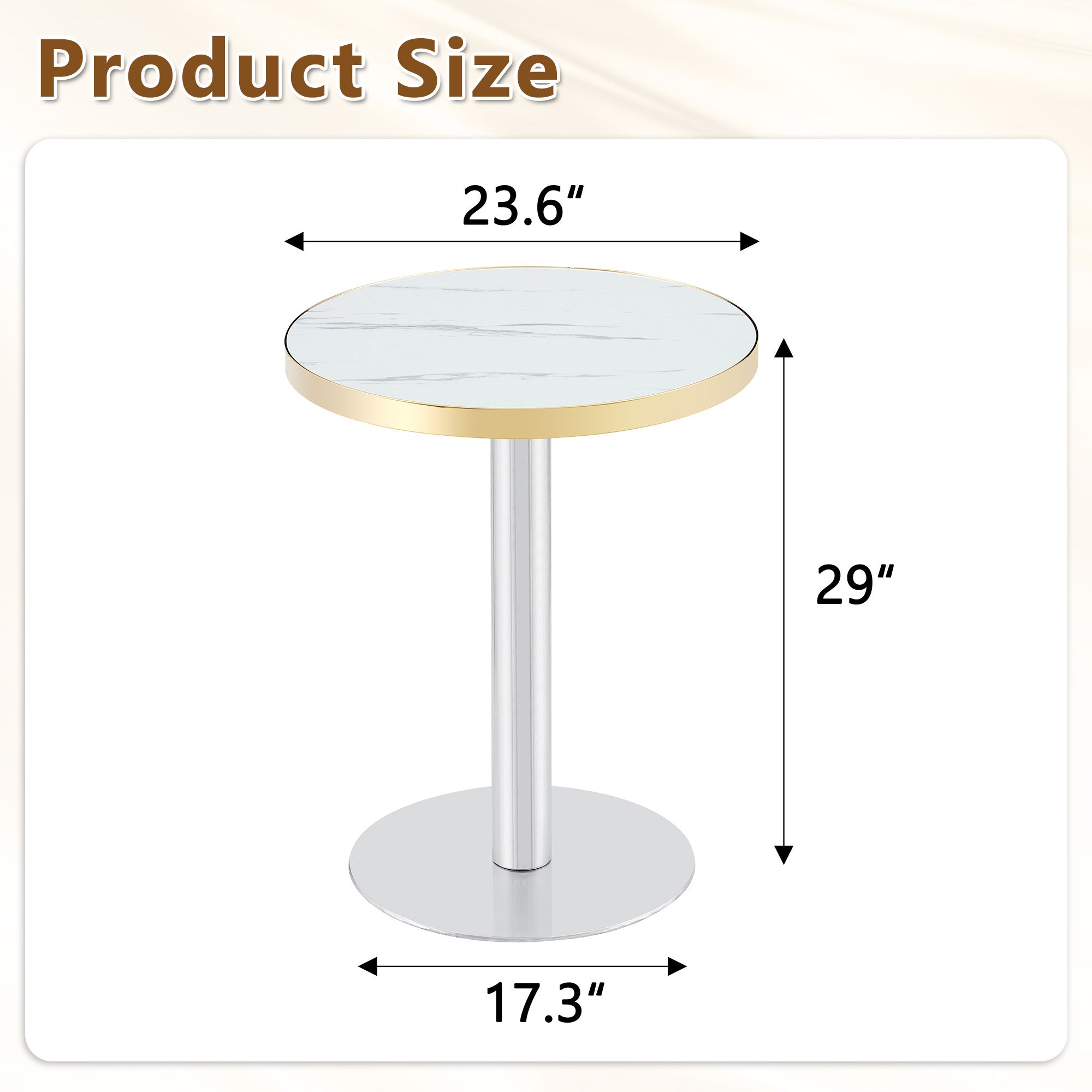 Dimension diagram of the bistro table showing 23.6 inch top, 29 inch height and 17.3 inch base