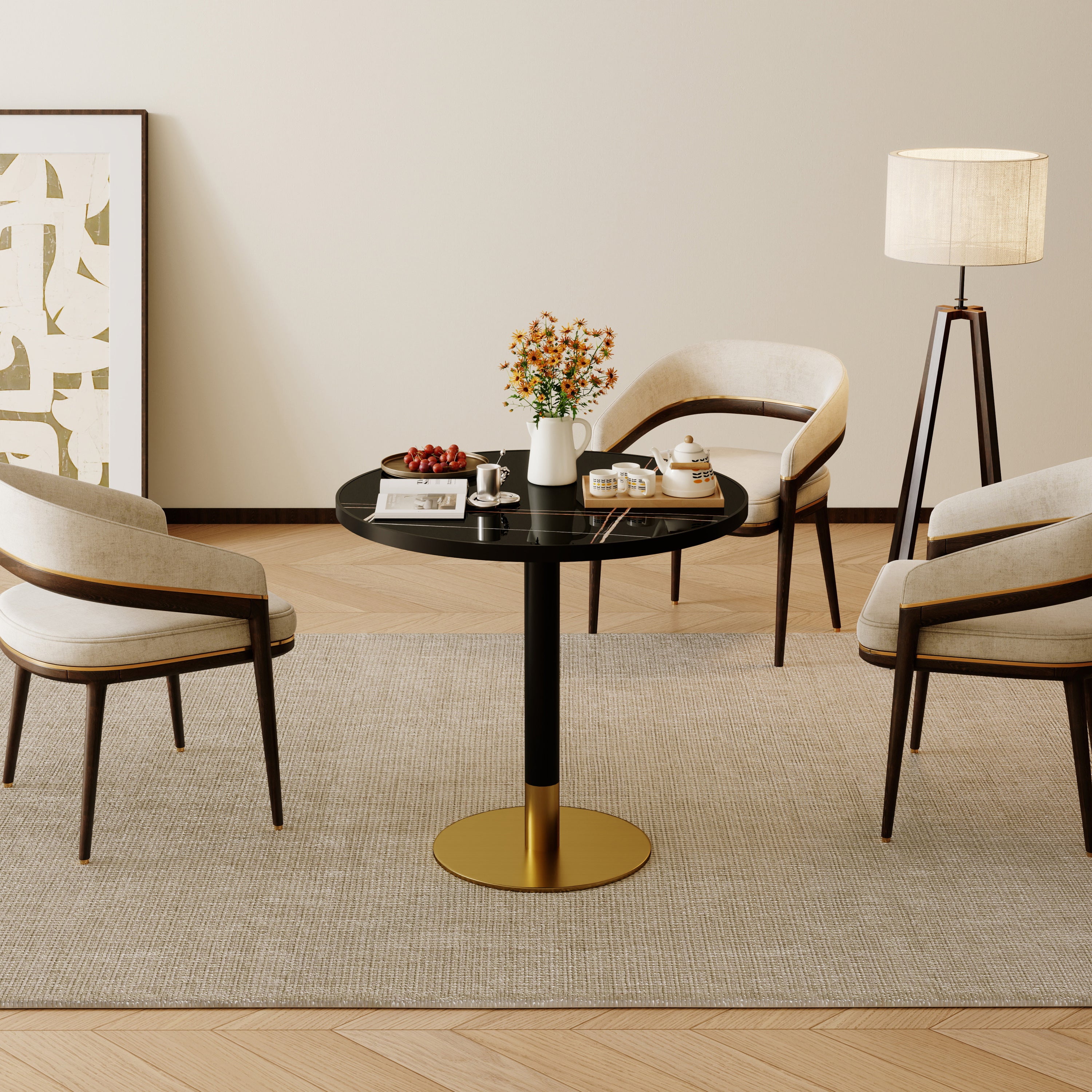 Living room setting with the round black dining table styled with a tea set, flowers and chairs