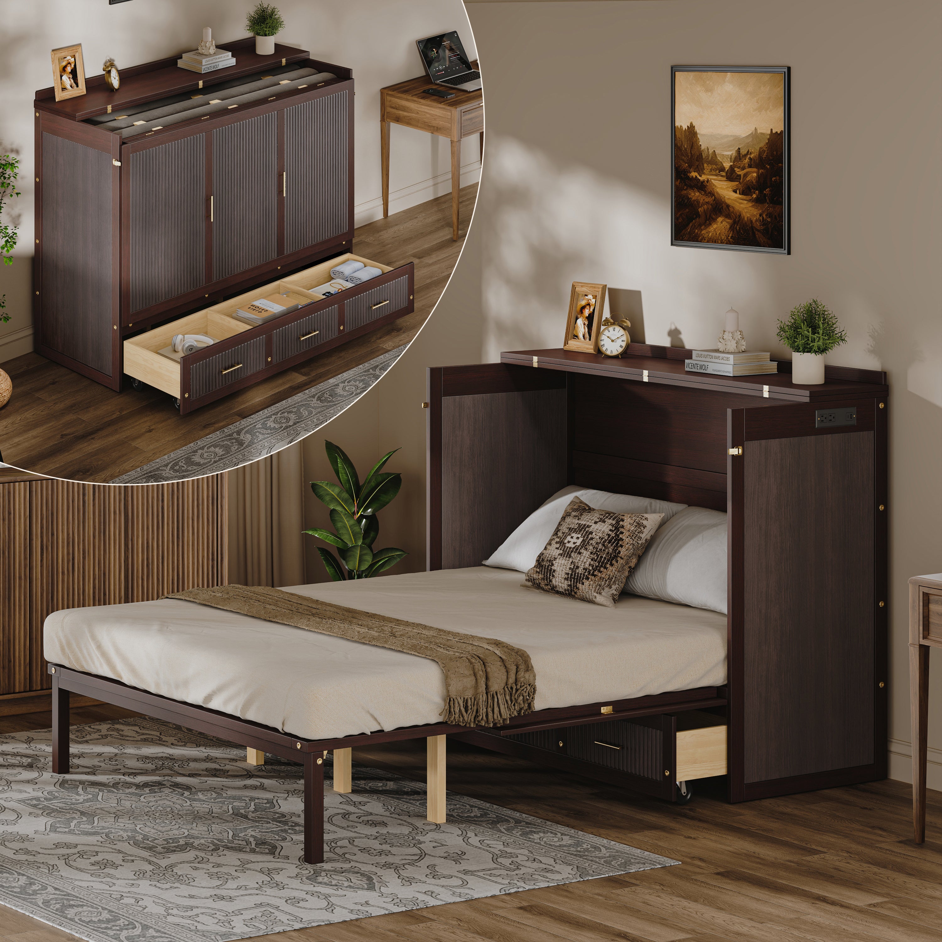 Murphy Bed Cabinet with Drawers and Outlets, Coffee