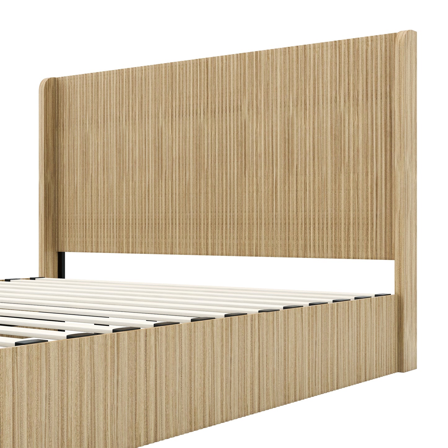 Close-up of headboard-to-frame joint on fluted wood king bed