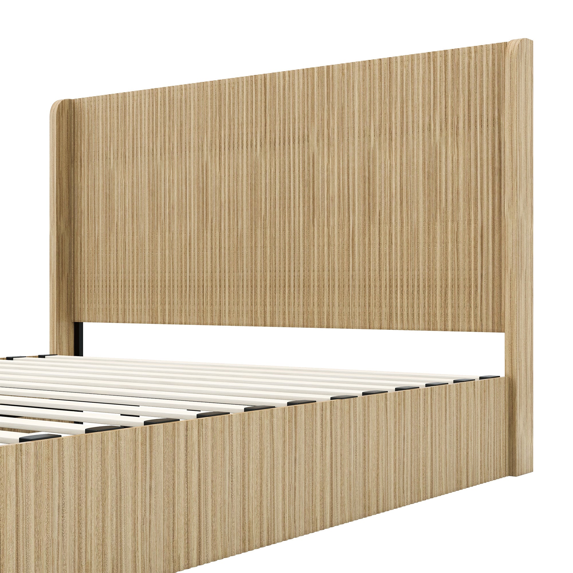 Close-up of headboard-to-frame joint on fluted wood king bed