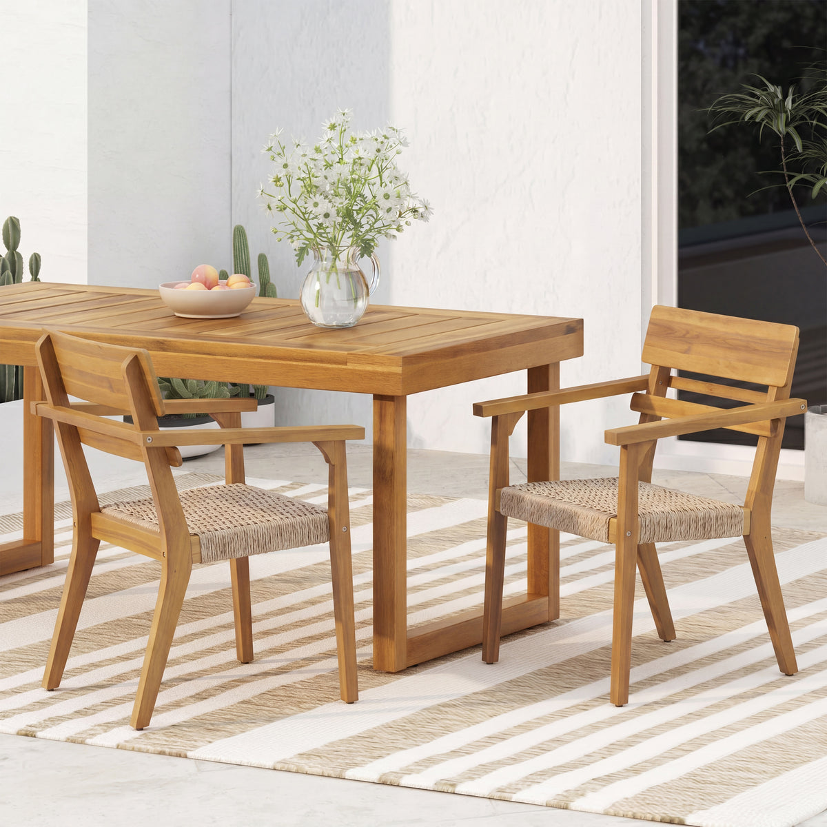 Teak Finish Solid Wood Outdoor Dining Chair, Set of 2, with Arms, 31.9 in Tall