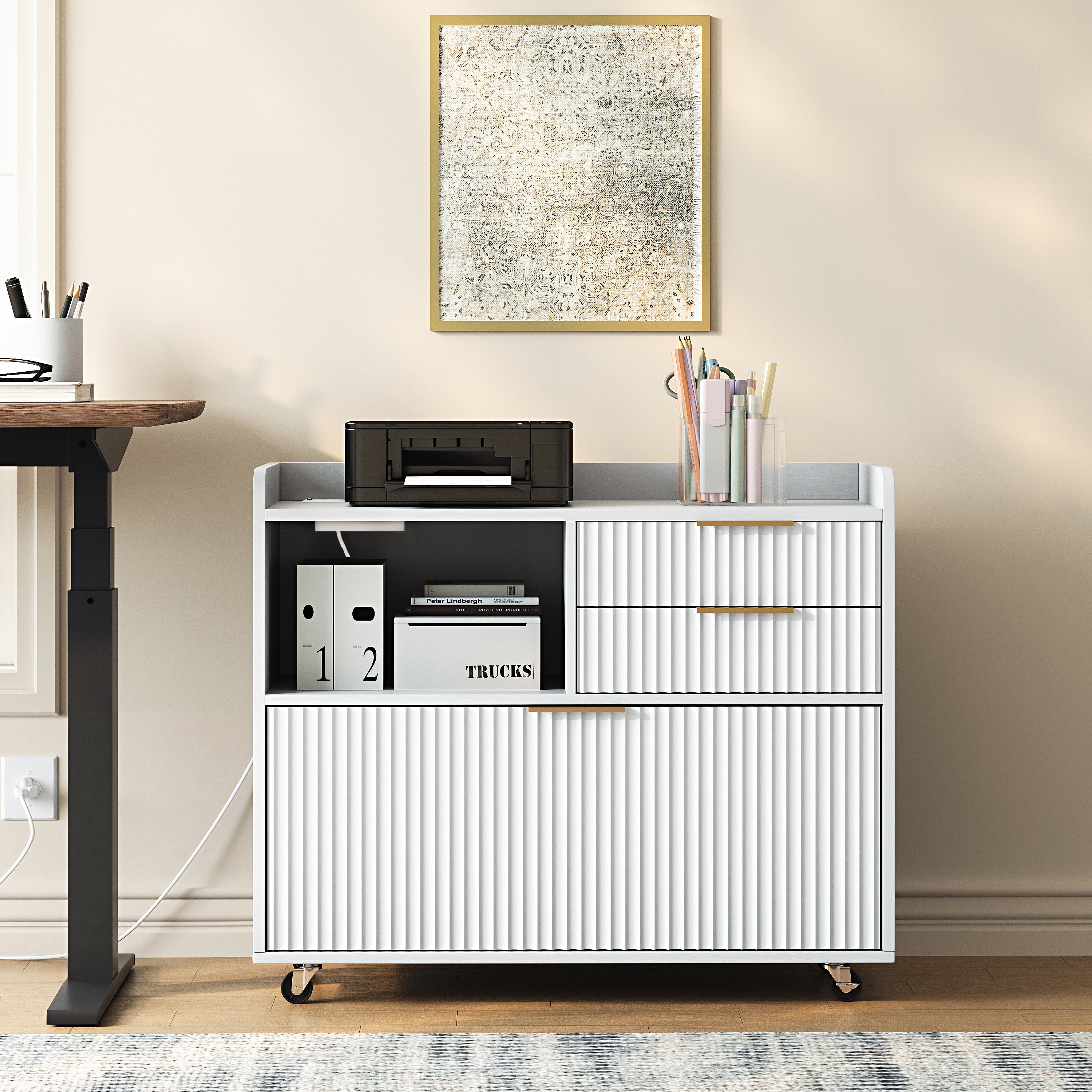 Rolling File Cabinet with Lock, 31.5 in, White