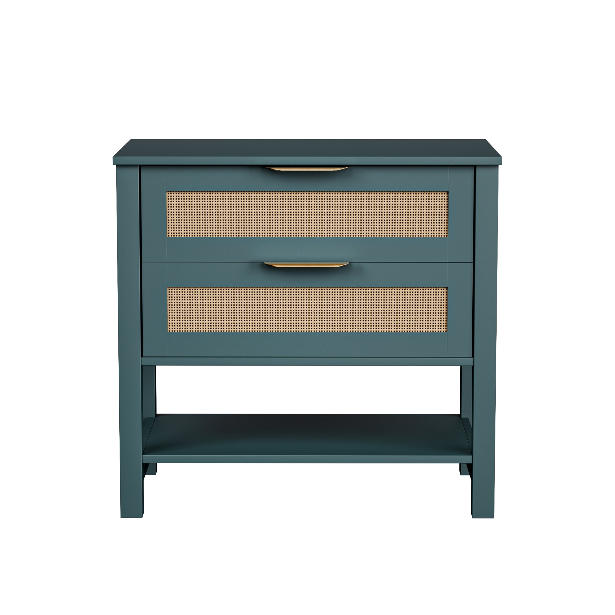 Green Rattan Nightstand, 2 Drawers and Storage Shelf