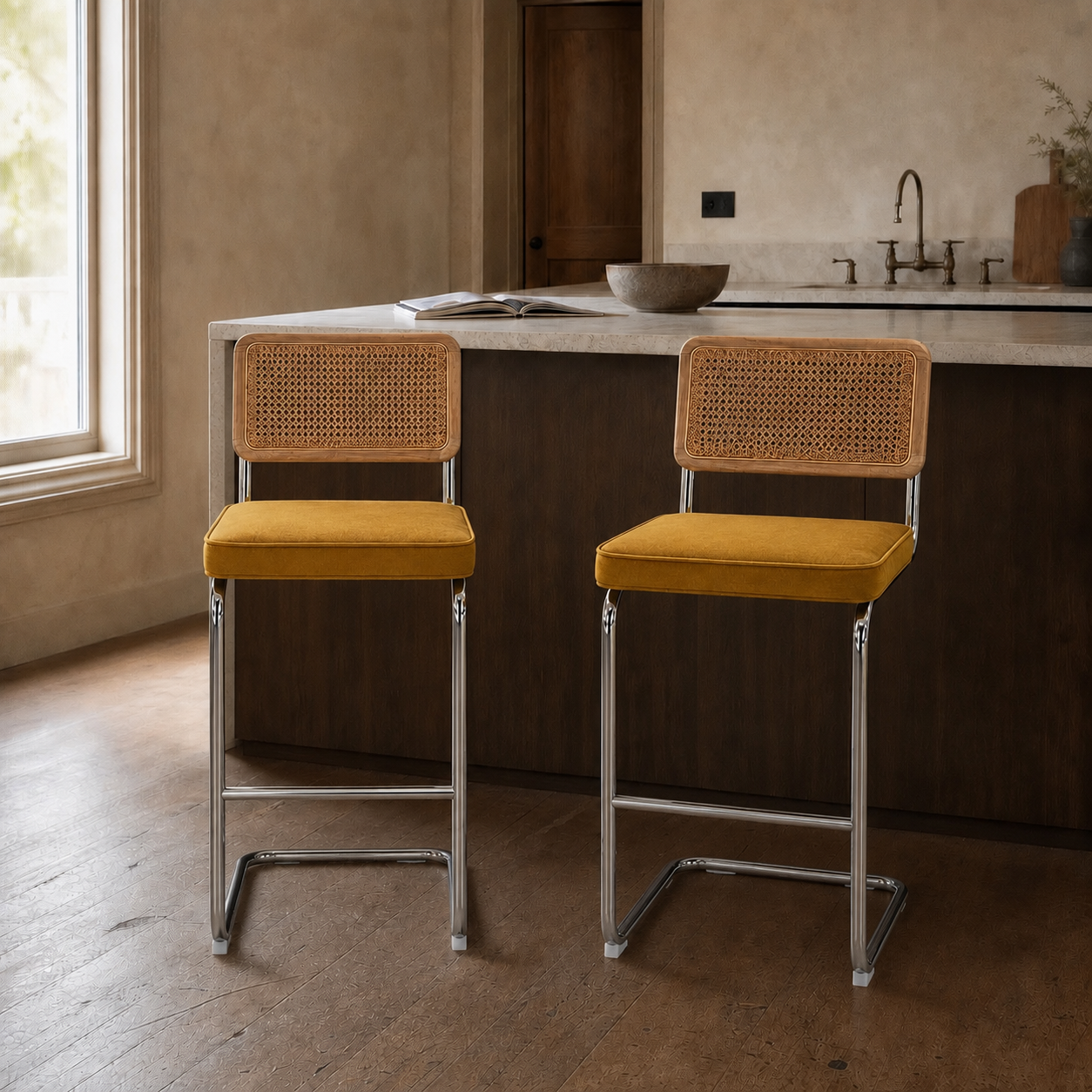 Rattan Counter Stools Set of 2 – Stainless Steel Legs & Yellow Velvet