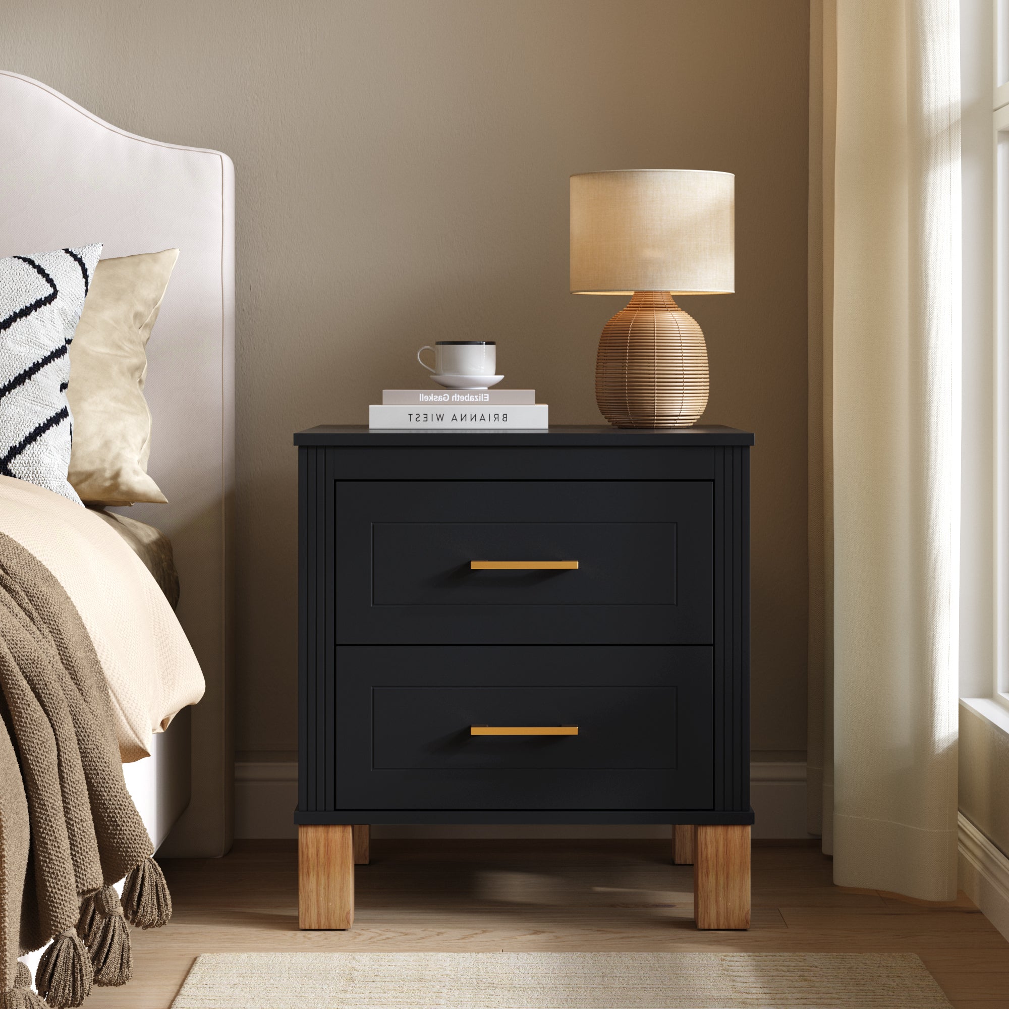 Black Fluted Nightstand with 2 Drawers and Wood Legs