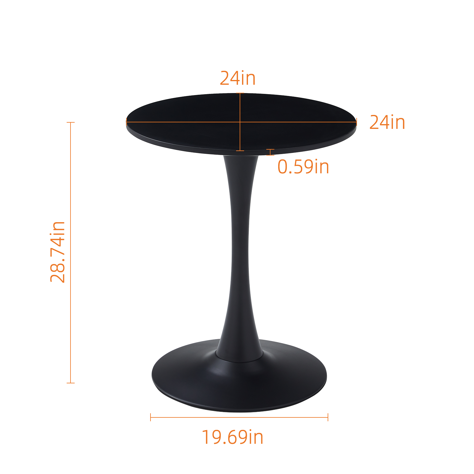 Dimension diagram of round bistro table, 24 inch top, 28.74 inch height, black tulip base