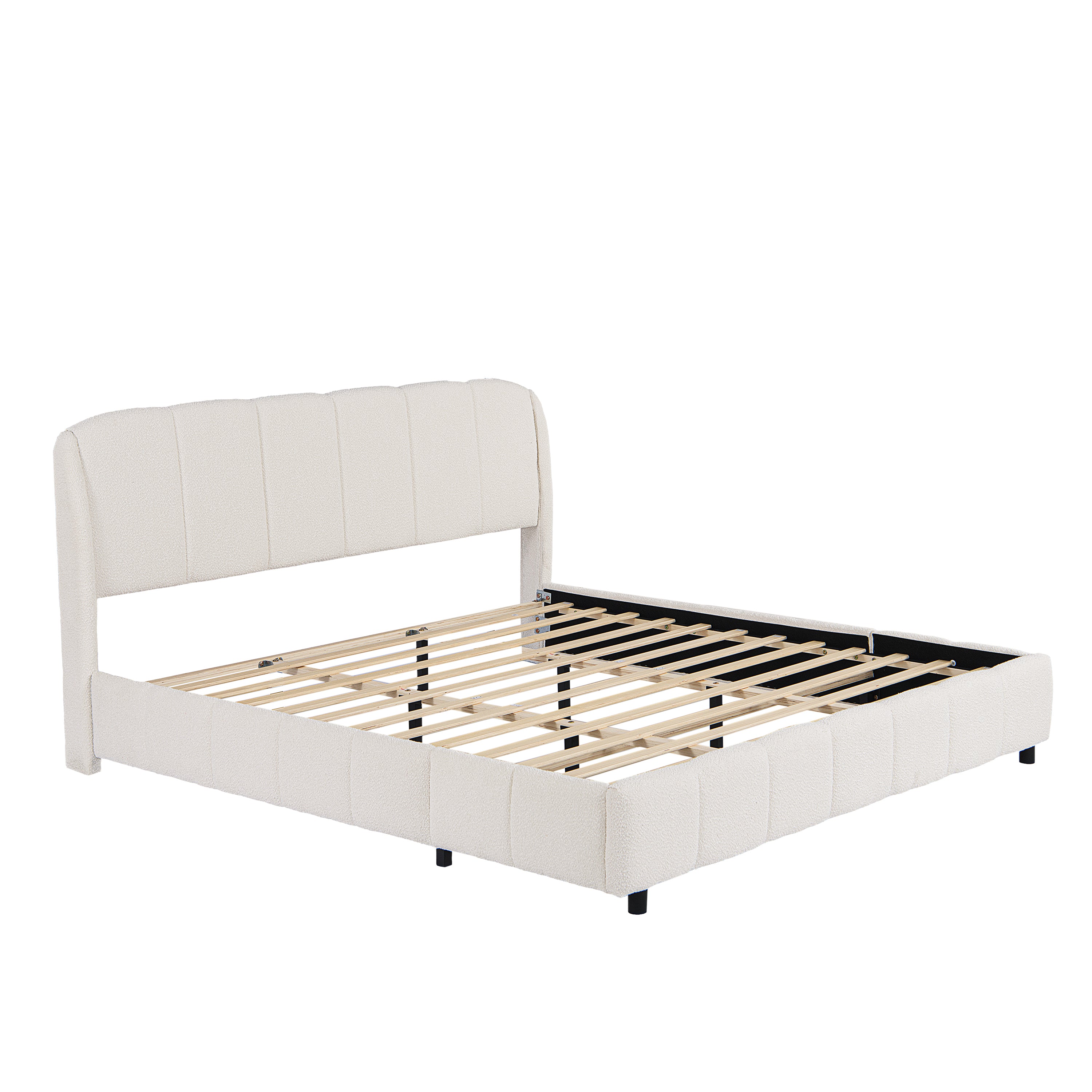 Angled view of beige bouclé king platform bed frame and wood slats