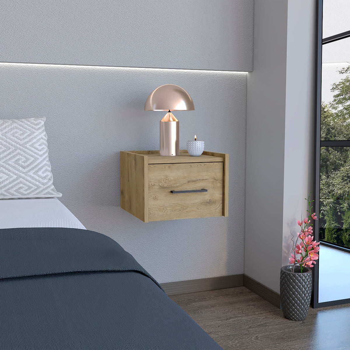 Wall Mounted Nightstand with Drawer and Open Shelf, Beige