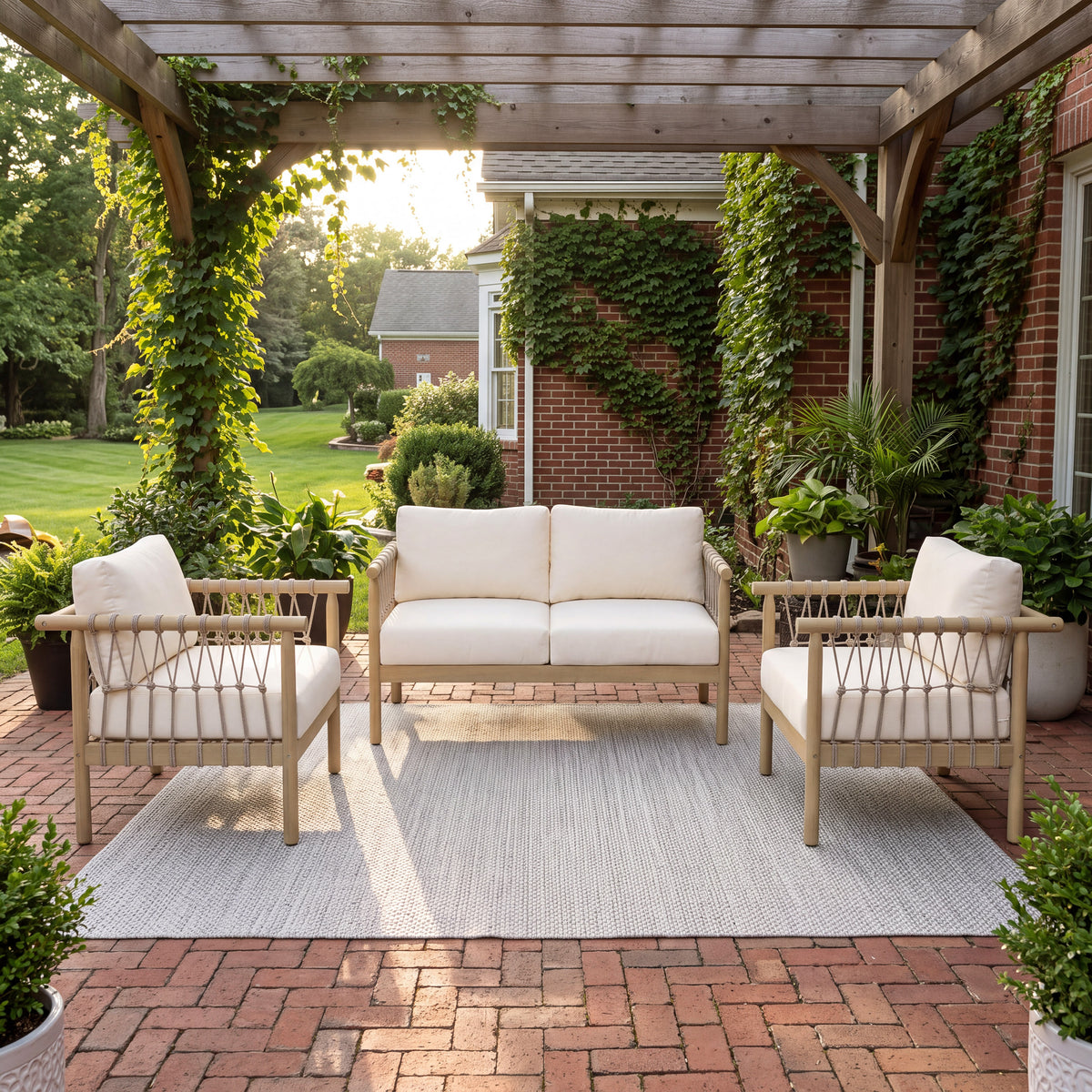 Light Teak Finish Solid Wood 3-Piece Outdoor Sofa Set for 4 with Cushions