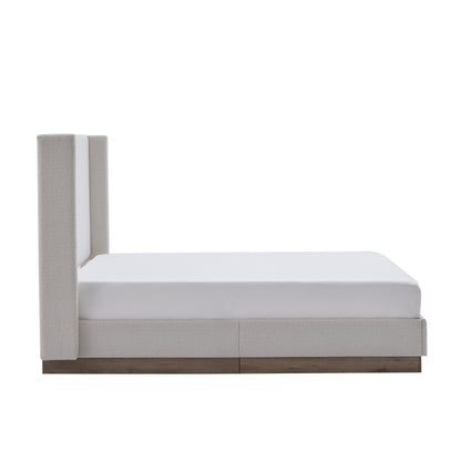 Close-up of wingback headboard fabric seam and wing edge