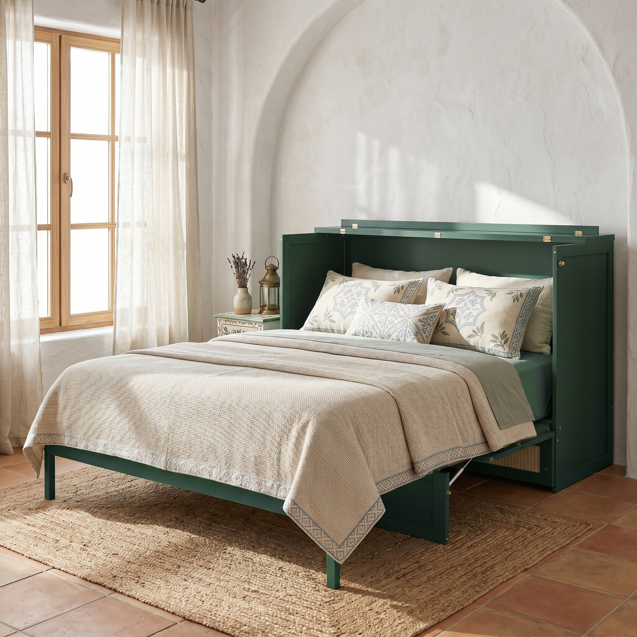 Queen Murphy Bed with Storage Drawers, Green