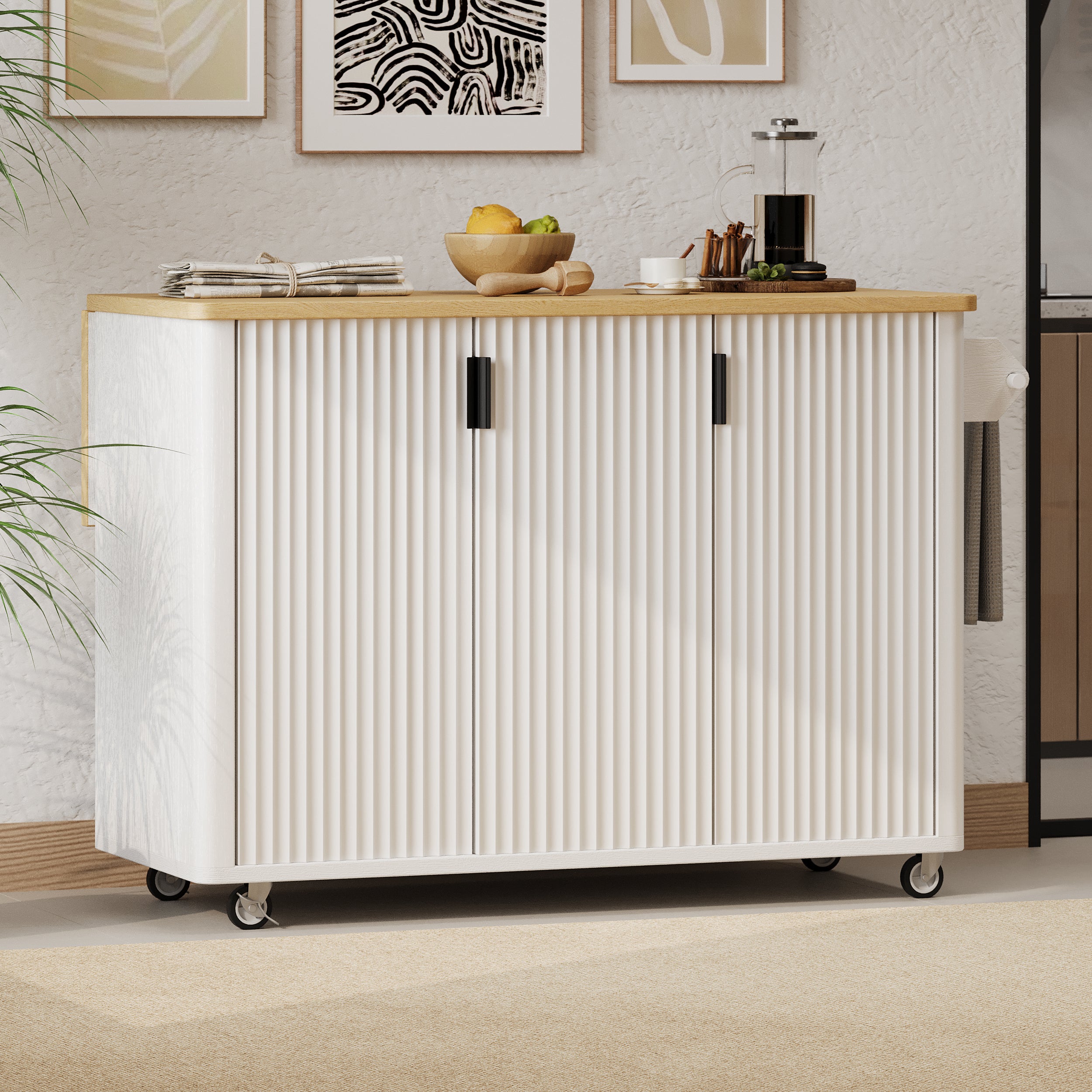 Fluted White Kitchen Island with Drop Leaf & Towel Rack