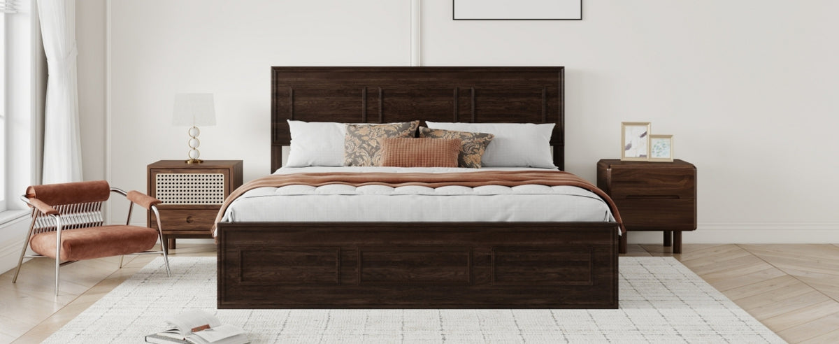 Front cropped view of rich brown queen panel bed with white and rust bedding