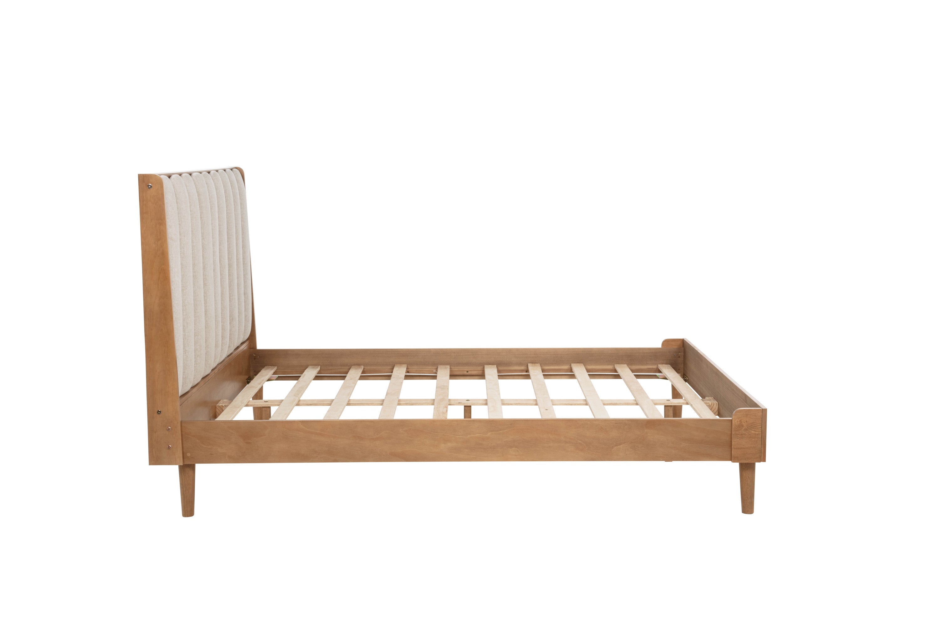 Side view of the bare bed frame with piano-key headboard and exposed wood slats