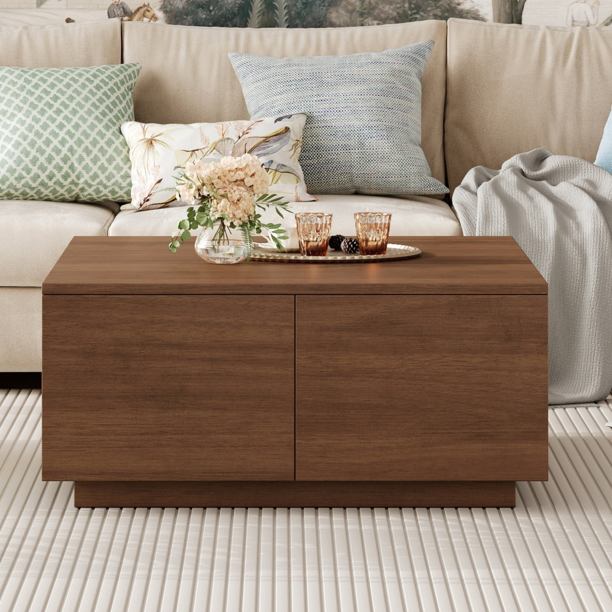 Walnut Square Coffee Table, 4 Drawers, 33.3 in