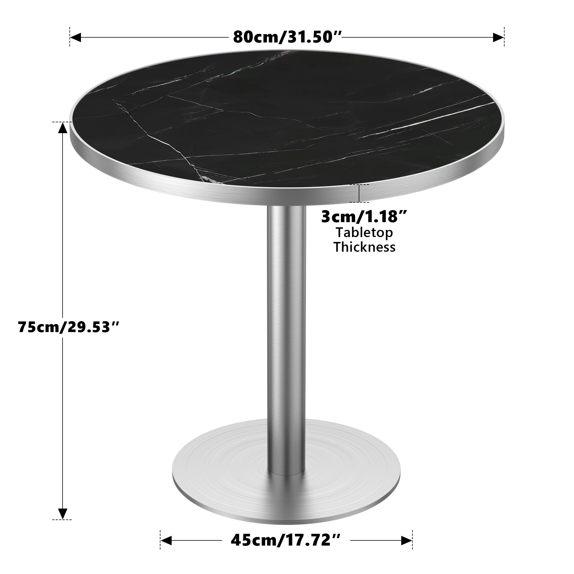 Dimension diagram of the round sintered stone table, 31.5 inch top, 29.53 inch height, 17.72 inch base
