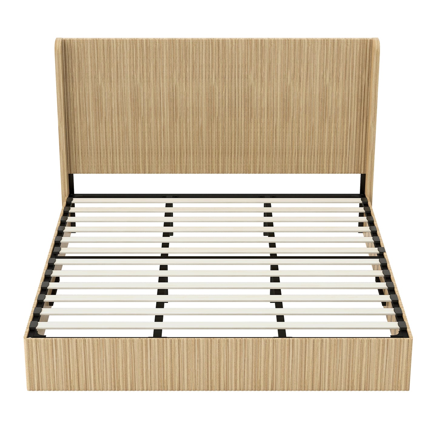 Front view of king bed frame showing wood slat mattress support