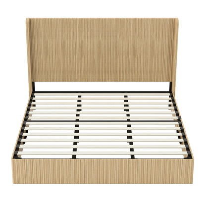 Front view of king bed frame showing wood slat mattress support