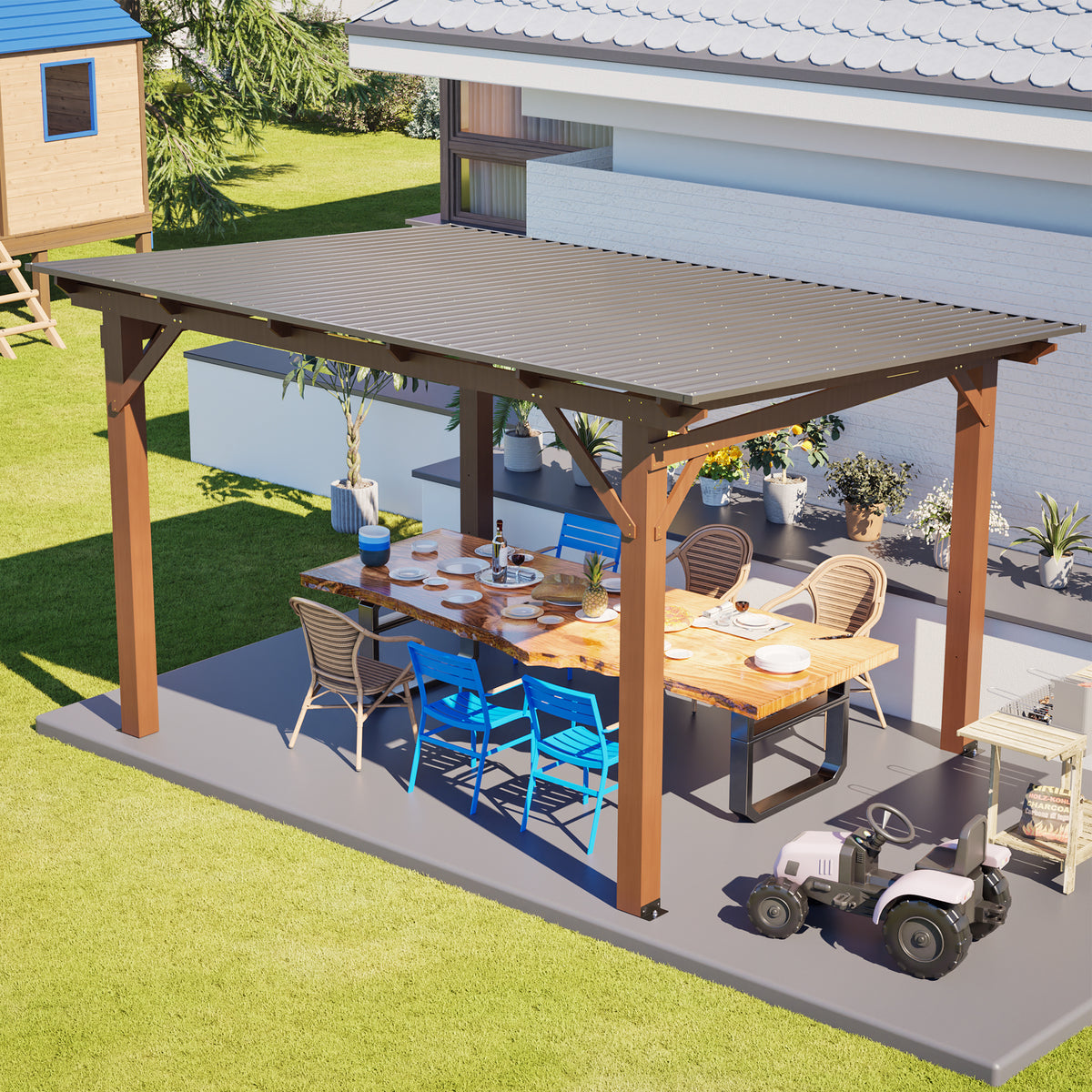 10x13 ft Brown Wood Patio Gazebo